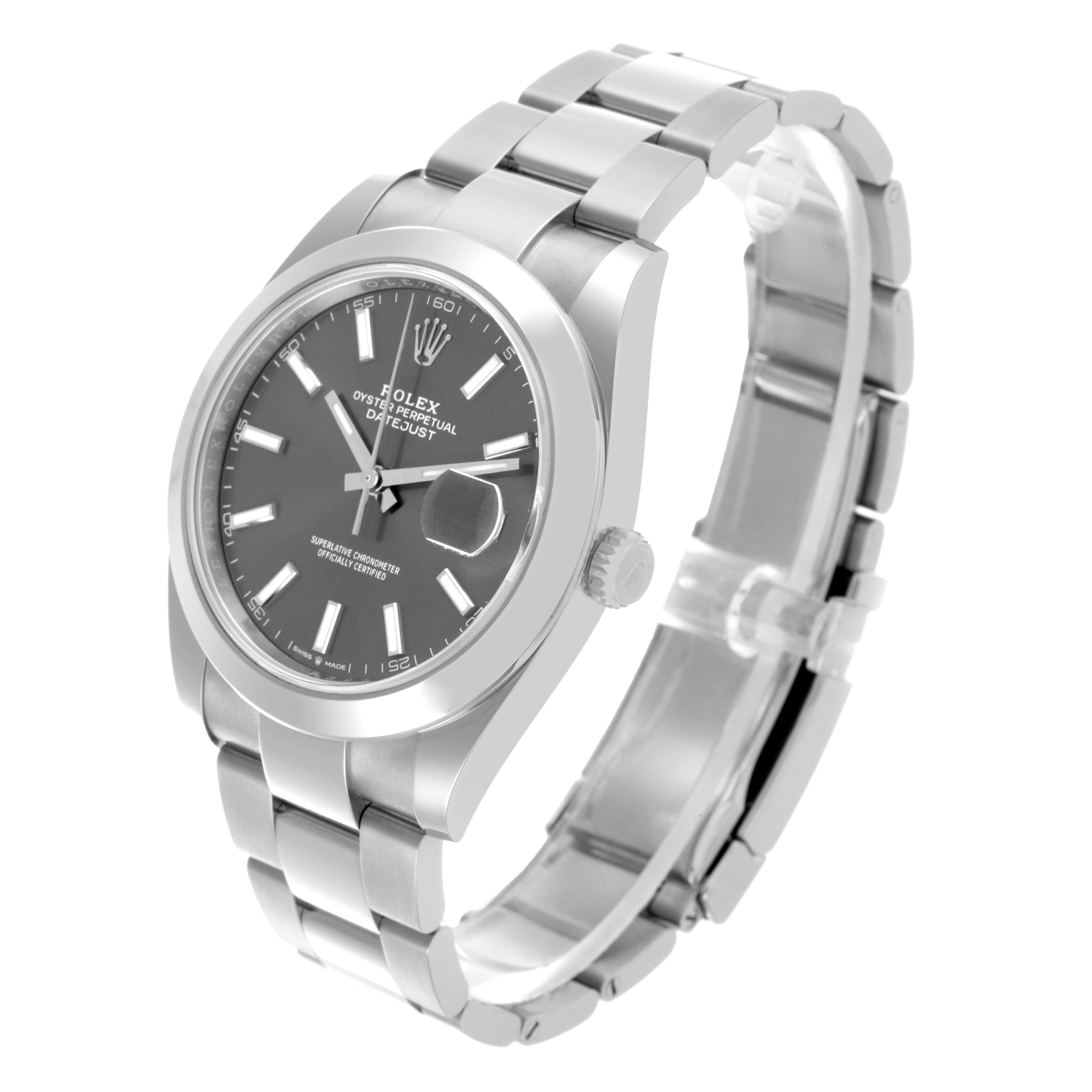 The Rolex Datejust 41 126300 Men's Stainless Steel Grey Dial 126300 Men's Stainless Steel Grey Dial is shown at a three-quarter angle, displaying the dial, bracelet, and crown.