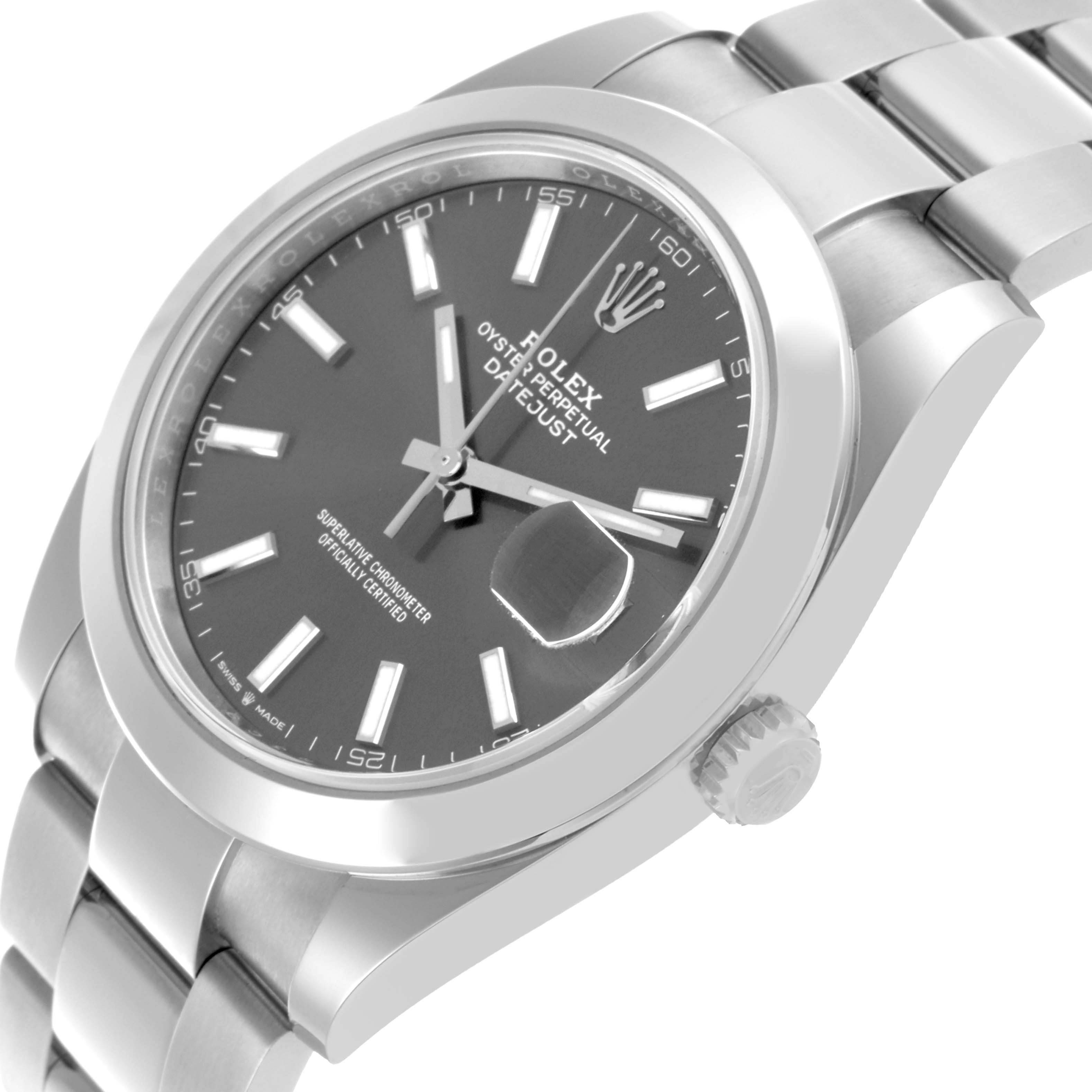 The image shows a side angle of the Rolex Datejust 41 126300 Men's Stainless Steel Grey Dial 126300 Men's Stainless Steel Grey Dial, highlighting the face, bezel, bracelet, and crown.