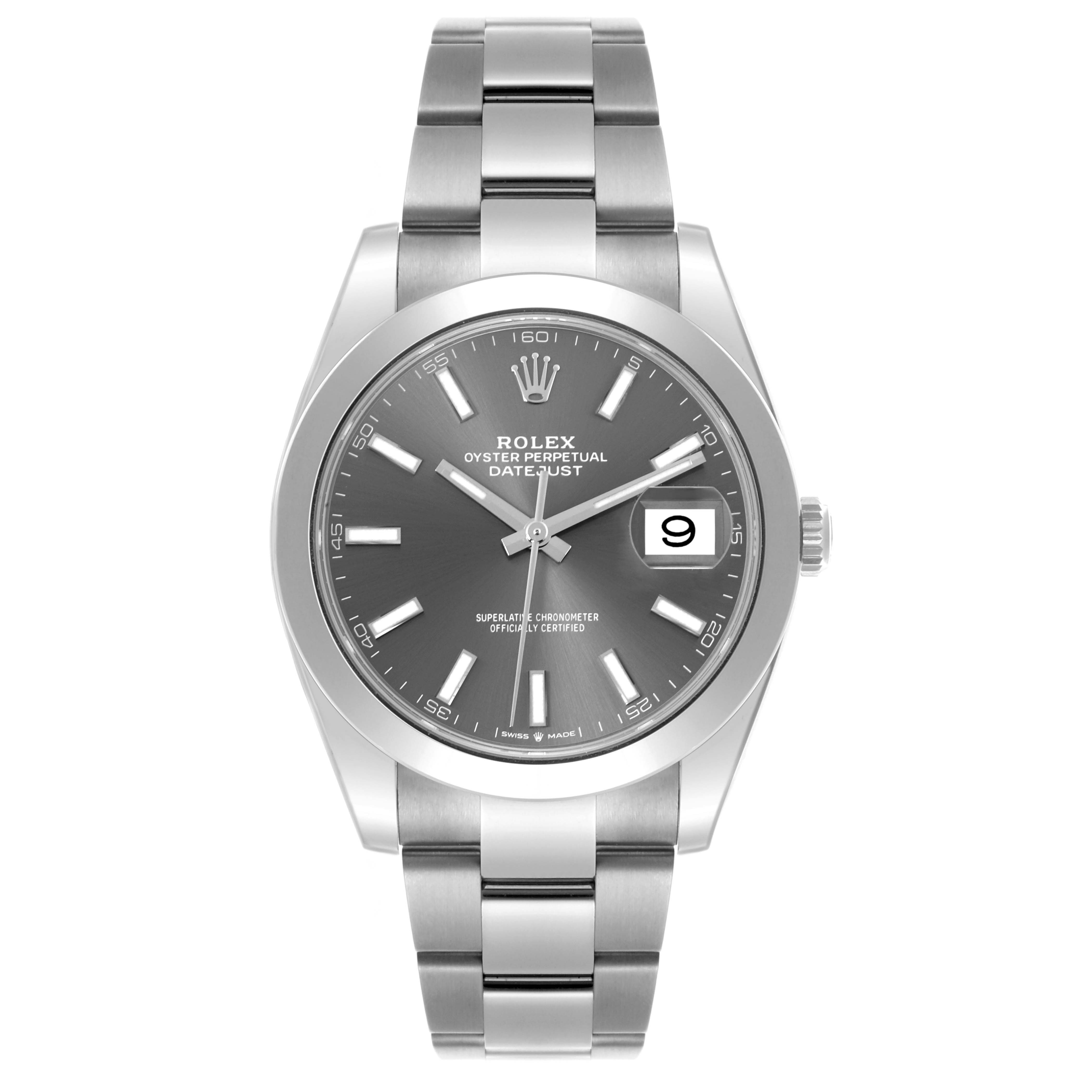 The Rolex Datejust 41 126300 Men's Stainless Steel Grey Dial 126300 Men's Stainless Steel Grey Dial is shown from the front, displaying the dial, bracelet, case, and date window.