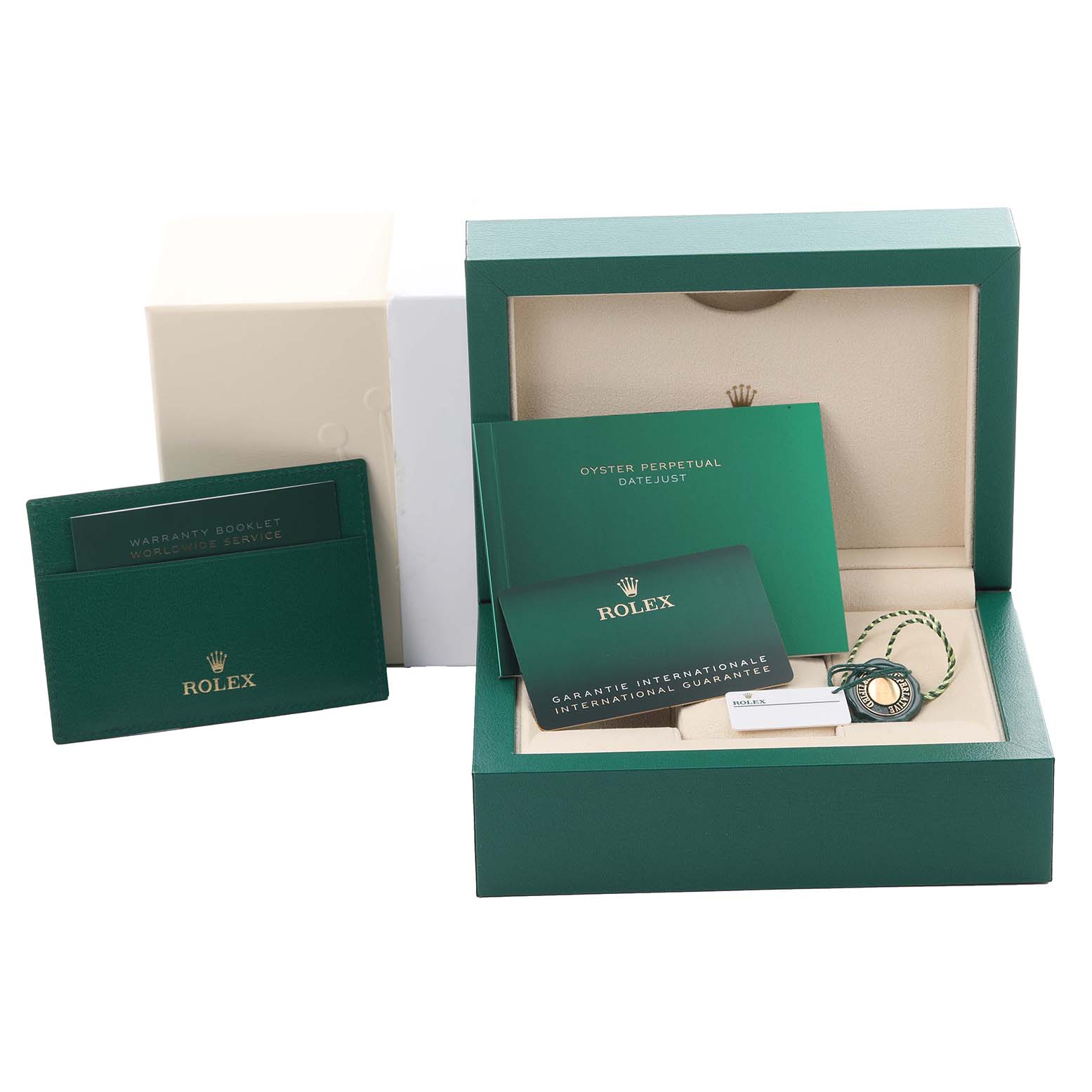 The image shows the packaging and accessories for a Rolex Datejust 41 126300 Men's Stainless Steel Grey Dial 126300 Men's Stainless Steel Grey Dial, including booklets, a warranty card, and a watch box.