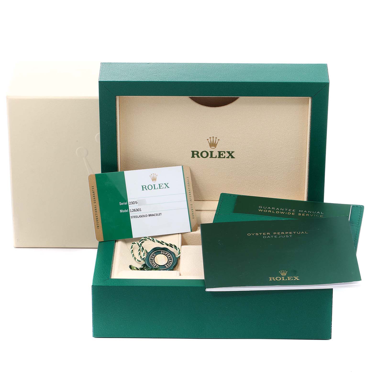 The image shows the packaging of a Rolex Datejust 41 126301 Men's Steel and Gold (two tone) Pink Dial 126301 Men's Steel and Gold (two tone) Pink Dial model, including warranty cards, manuals, and an authenticity tag.