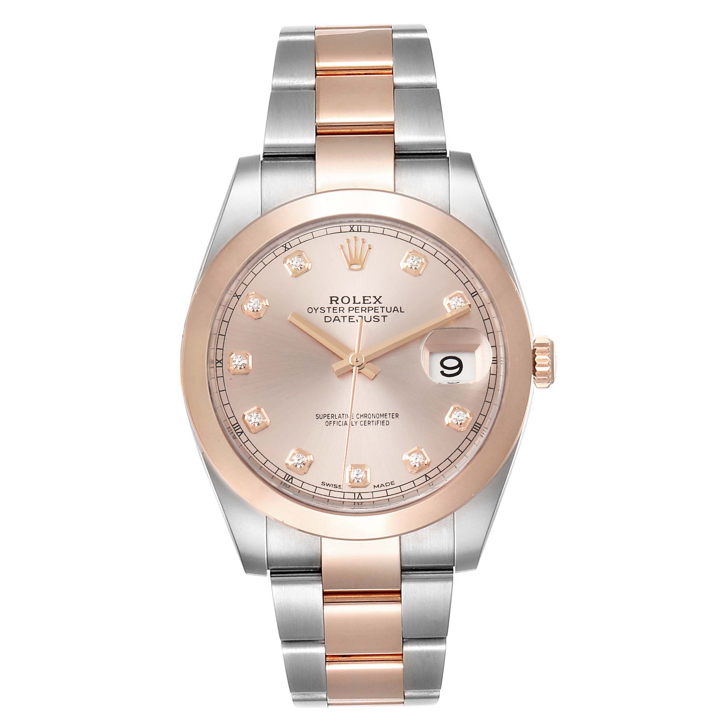 This image shows a front view of the Rolex Datejust 41 126301 Men's Steel and Gold (two tone) Pink Dial 126301 Men's Steel and Gold (two tone) Pink Dial watch, highlighting its gold and silver-tone bracelet and diamond-accented dial.