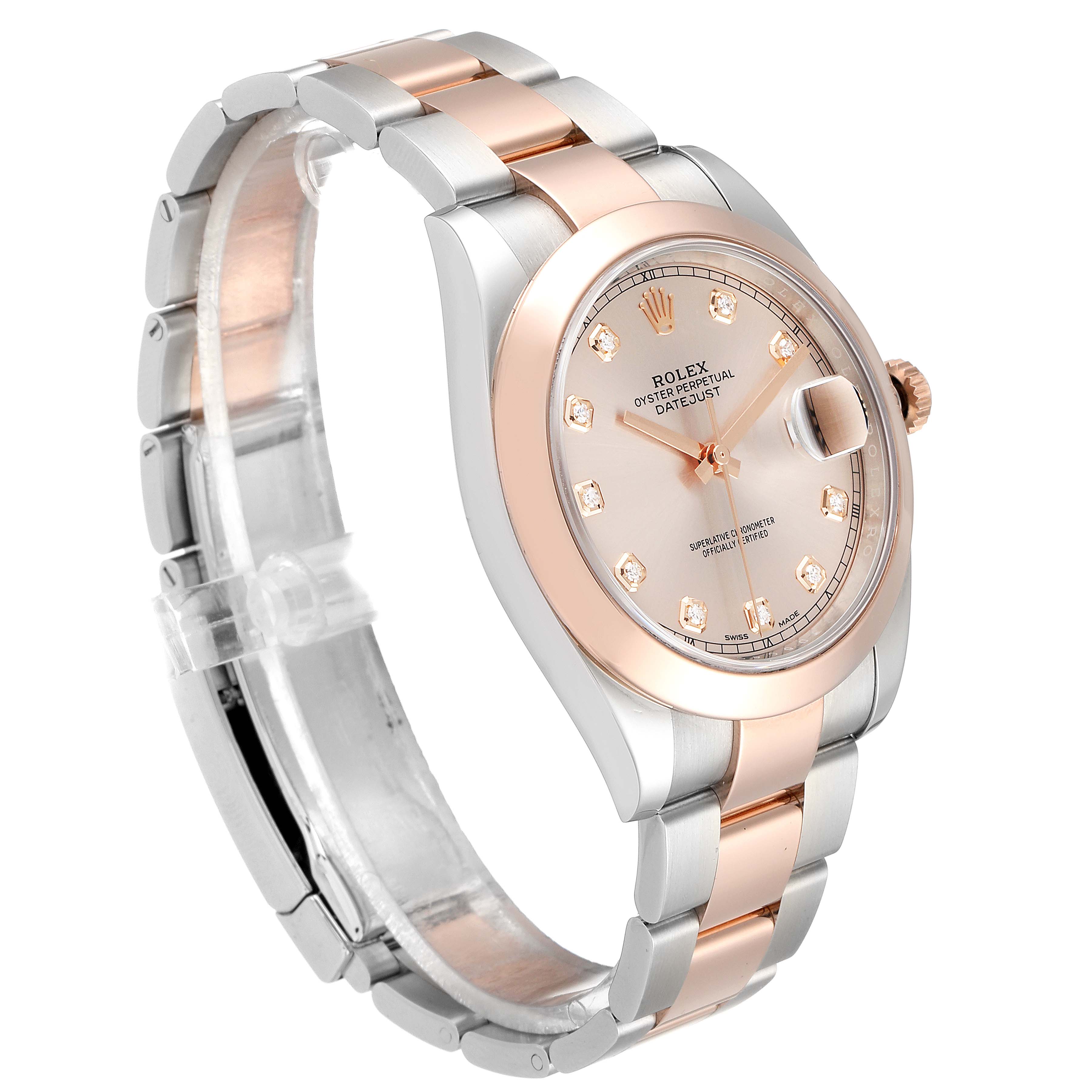 The Rolex Datejust 41 126301 Men's Steel and Gold (two tone) Pink Dial 126301 Men's Steel and Gold (two tone) Pink Dial model is shown at a 3/4 angle, highlighting the dial, bezel, case, and bracelet.