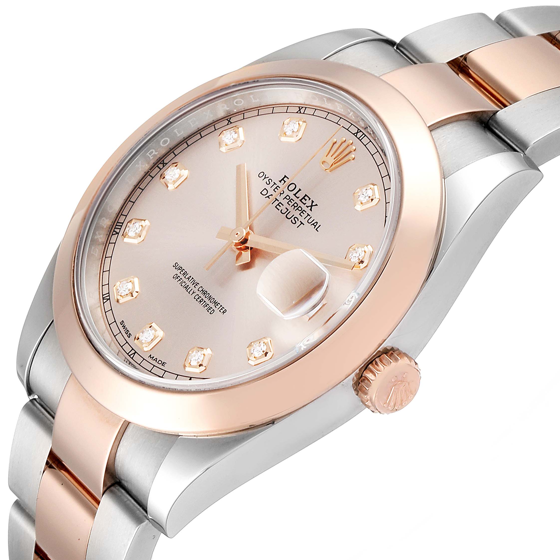 The image shows a close-up angle of a Rolex Datejust 41 126301 Men's Steel and Gold (two tone) Pink Dial 126301 Men's Steel and Gold (two tone) Pink Dial watch, highlighting the dial, bezel, and part of the bracelet.