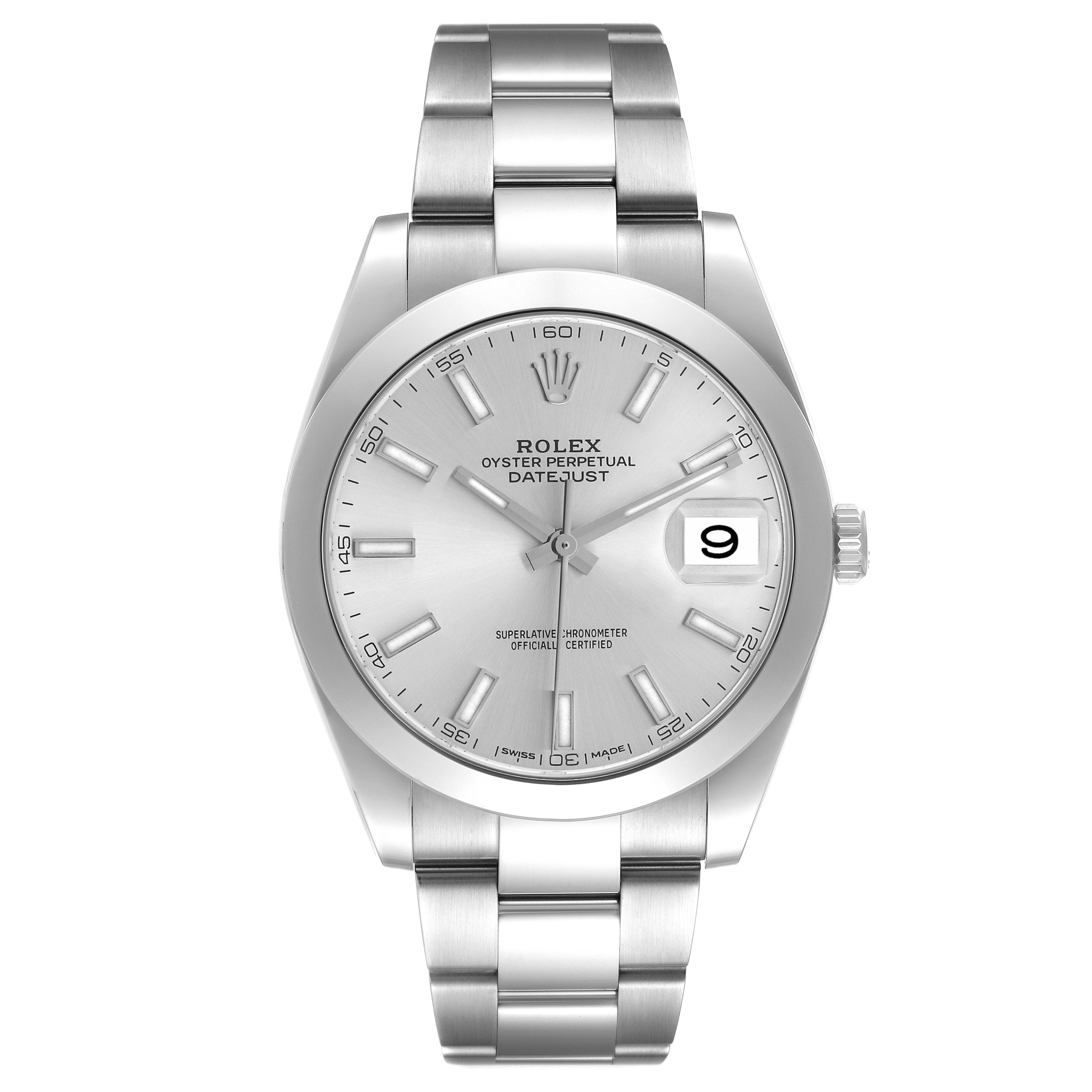 The Rolex Datejust 41 126300 Men's Stainless Steel Silver Dial is shown from a front angle, displaying the dial, hands, bracelet, and crown.