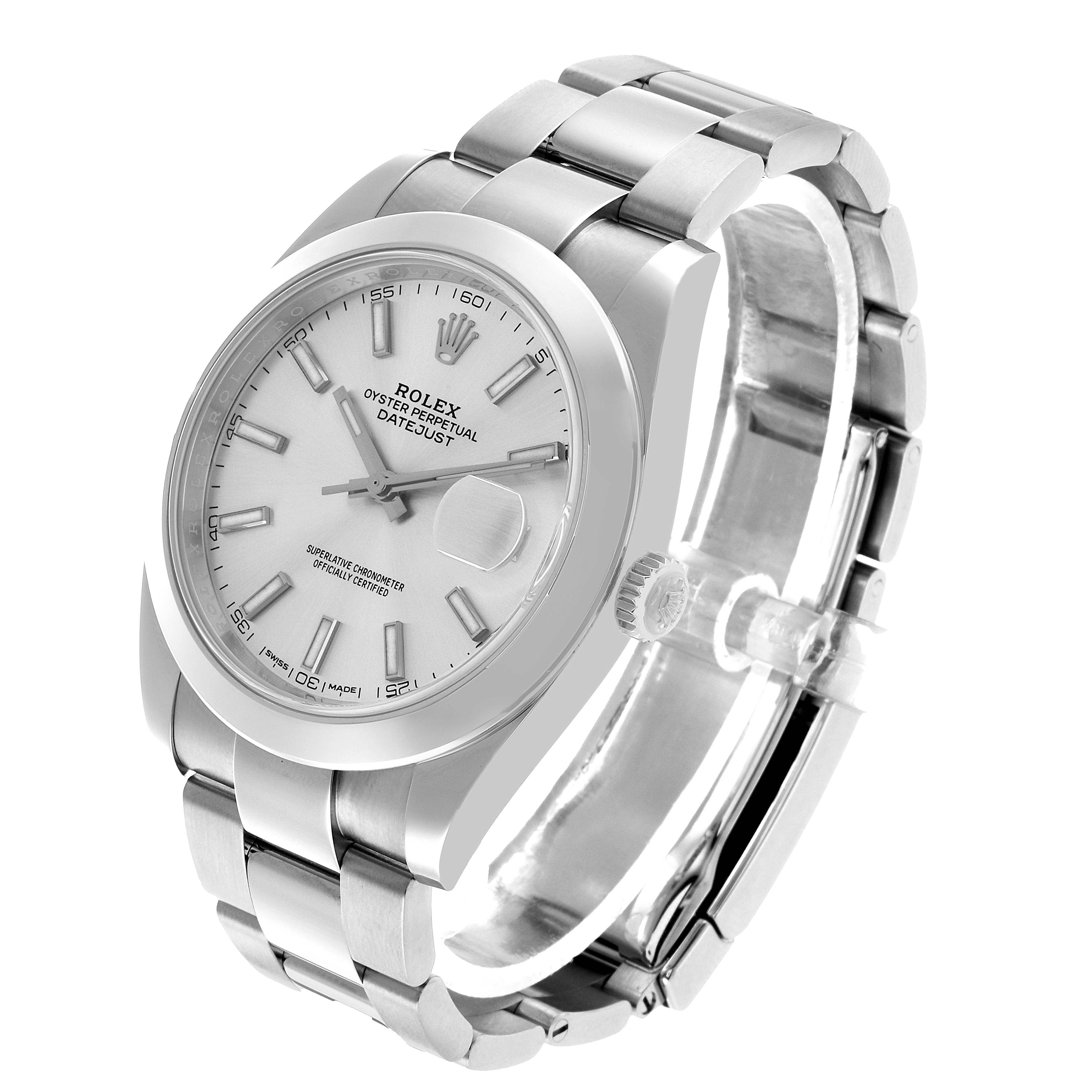 The Rolex Datejust 41 126300 Men's Stainless Steel Silver Dial is shown at a three-quarter angle, displaying the dial, bezel, crown, and bracelet.