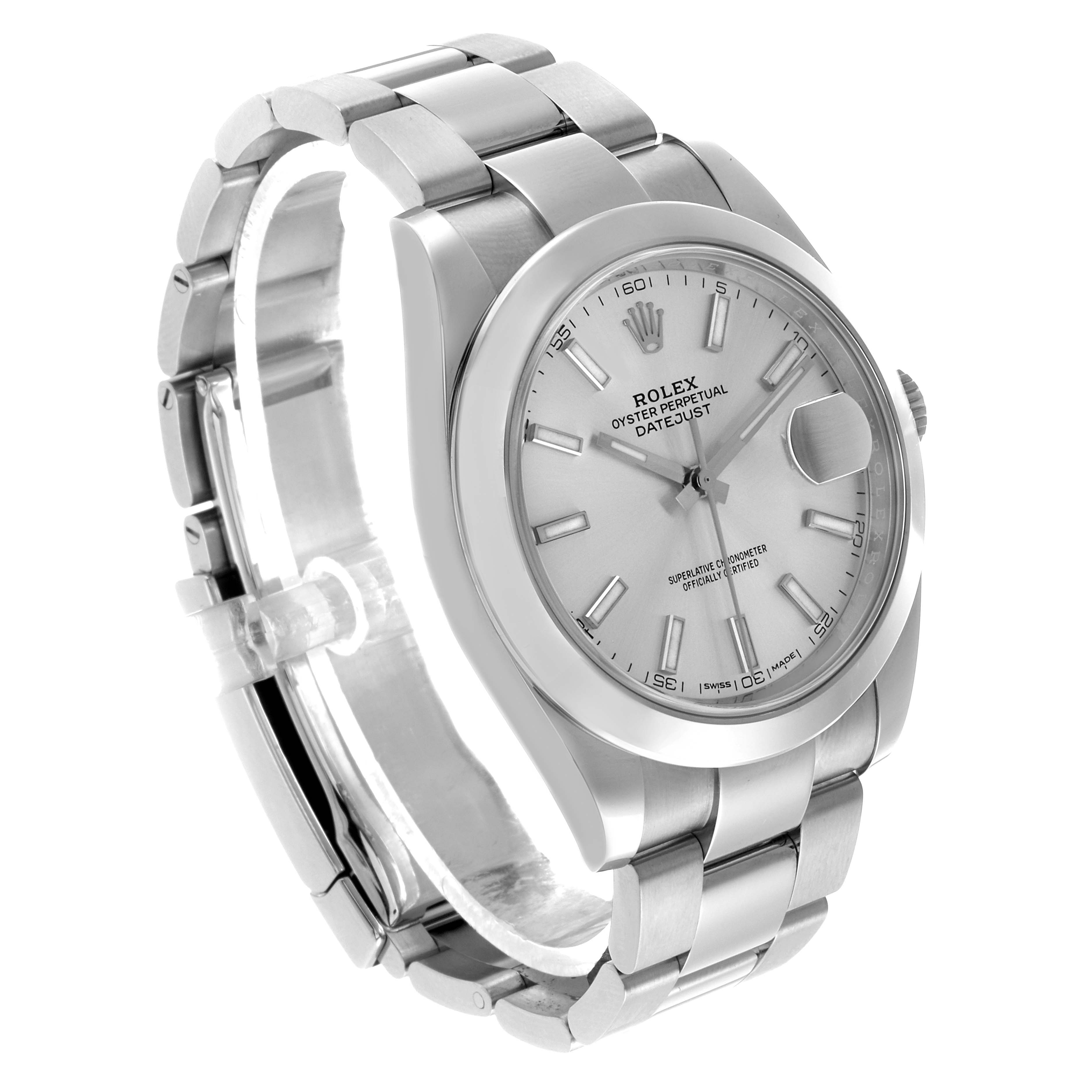 The Rolex Datejust 41 126300 Men's Stainless Steel Silver Dial is shown from a three-quarter angle, highlighting the dial, bezel, and bracelet.
