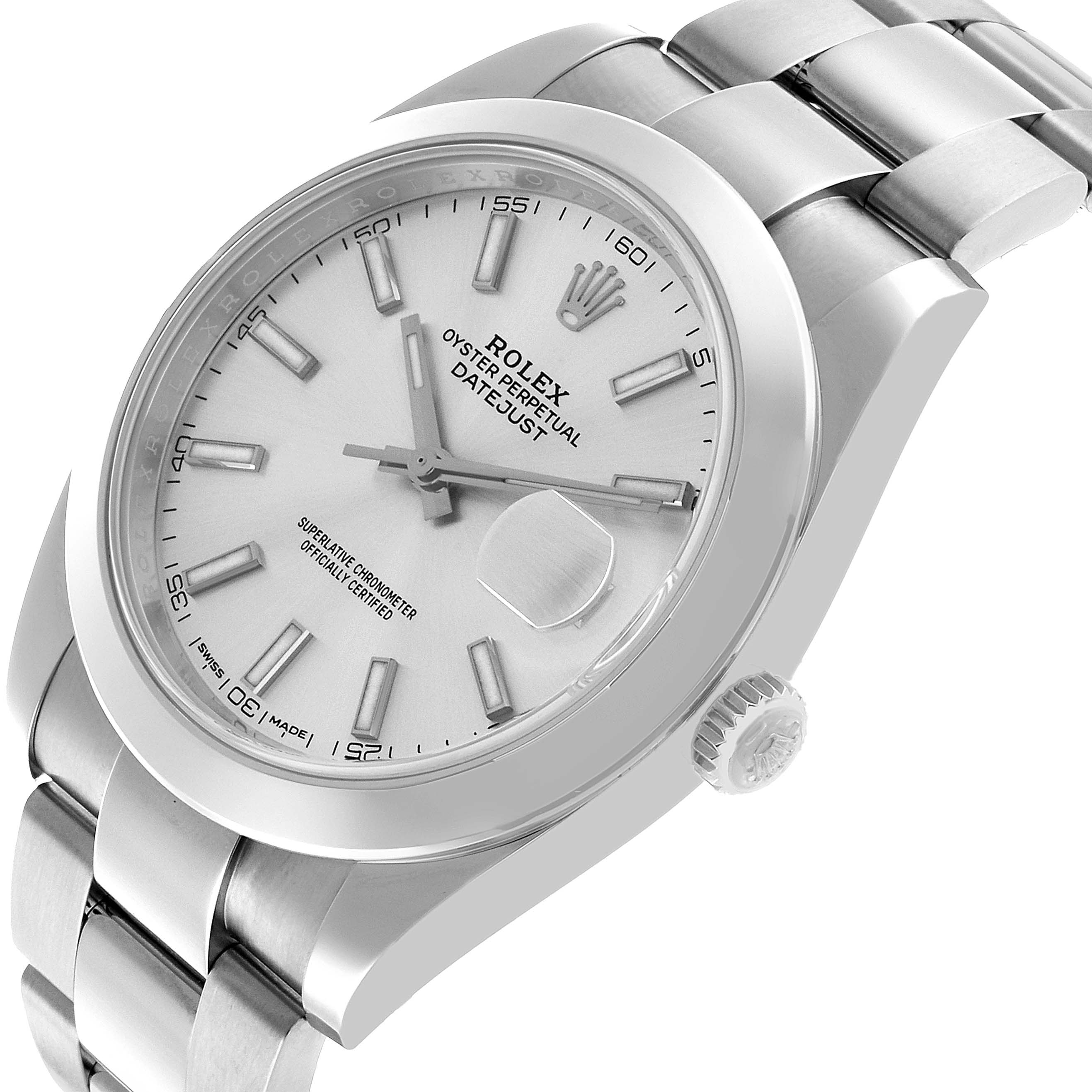 The Rolex Datejust 41 126300 Men's Stainless Steel Silver Dial watch is shown at an angled view, highlighting the dial, case, bezel, and part of the bracelet.