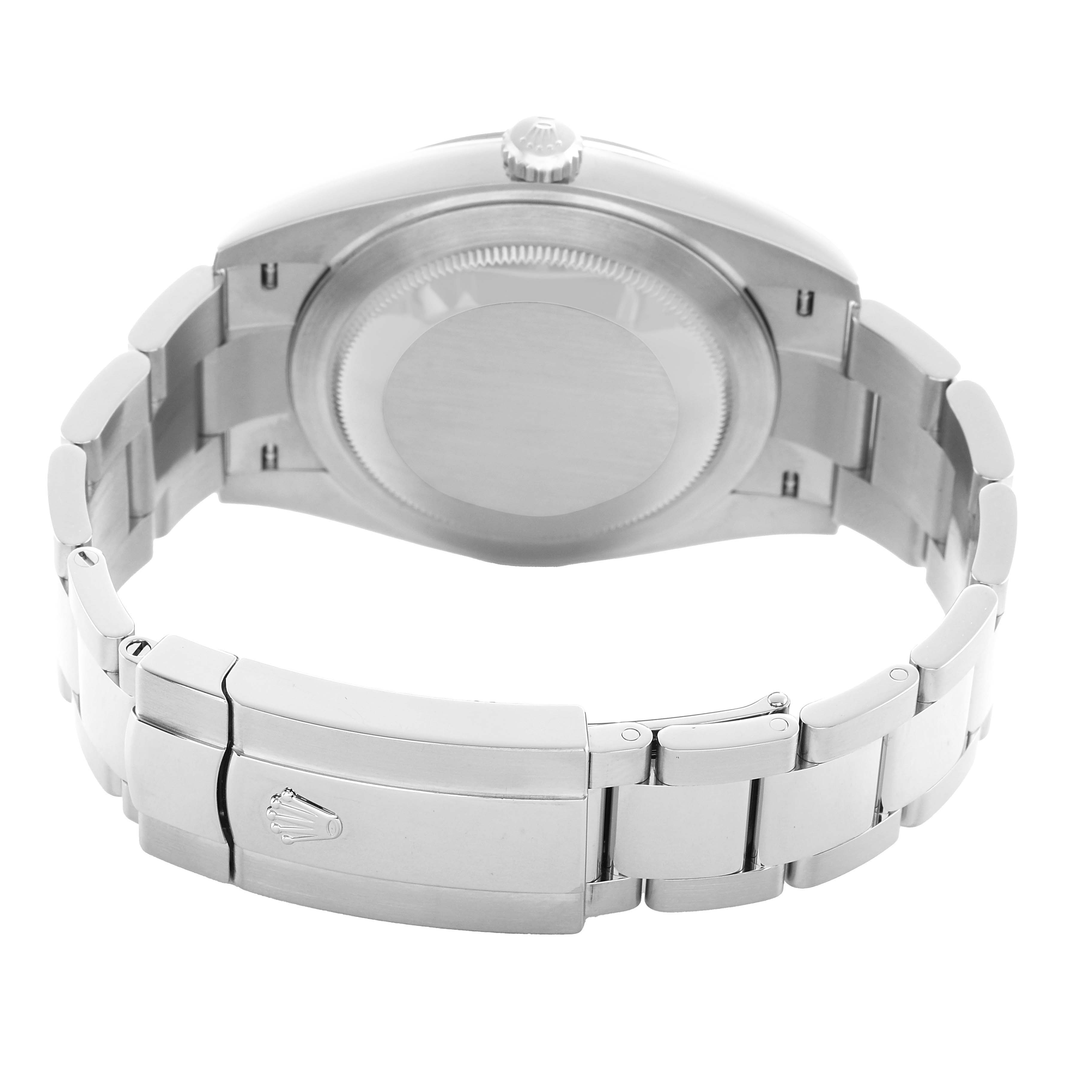 The Rolex Datejust 41 126300 Men's Stainless Steel Silver Dial is shown from the back, highlighting the case back, bracelet, and clasp with logo.