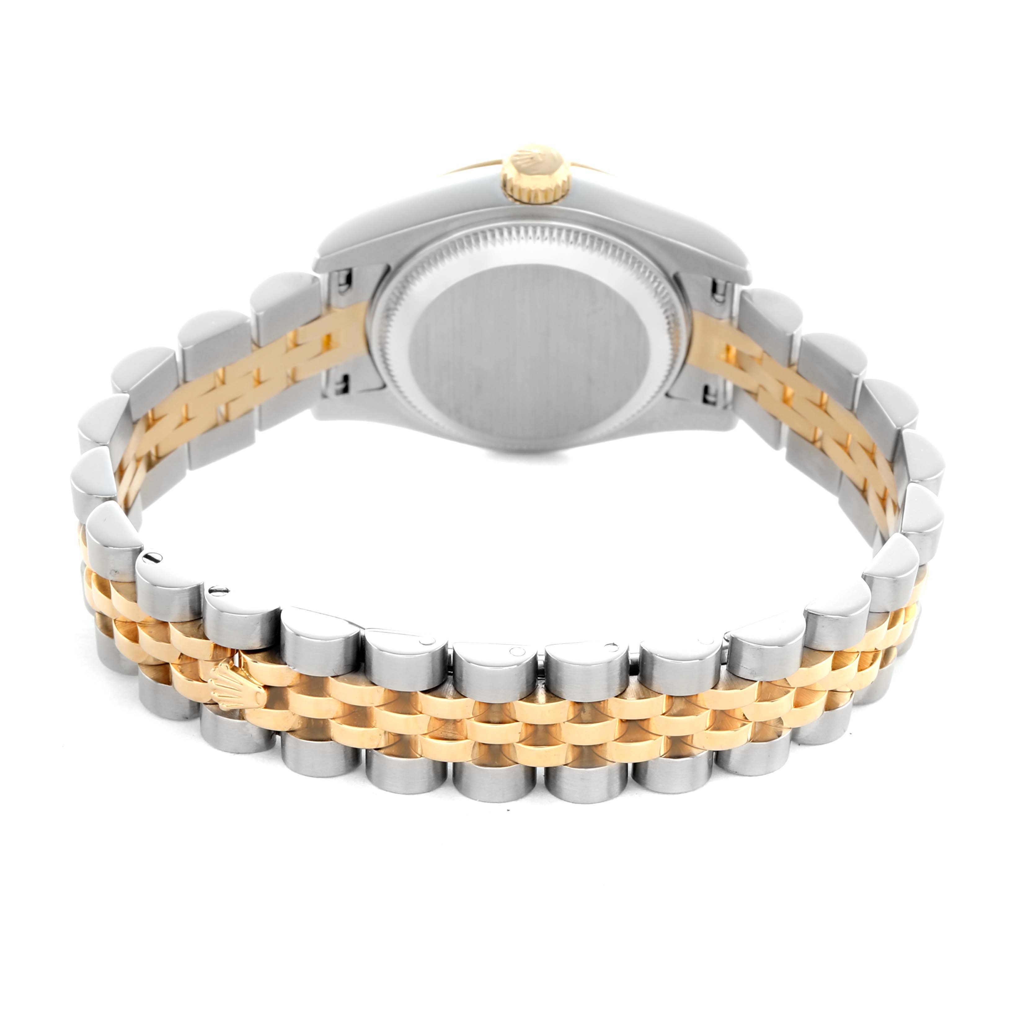 The image shows the back and side of the Rolex Datejust 179173 Women's Steel and Gold (two tone) Silver Dial, focusing on the two-tone bracelet and case back.
