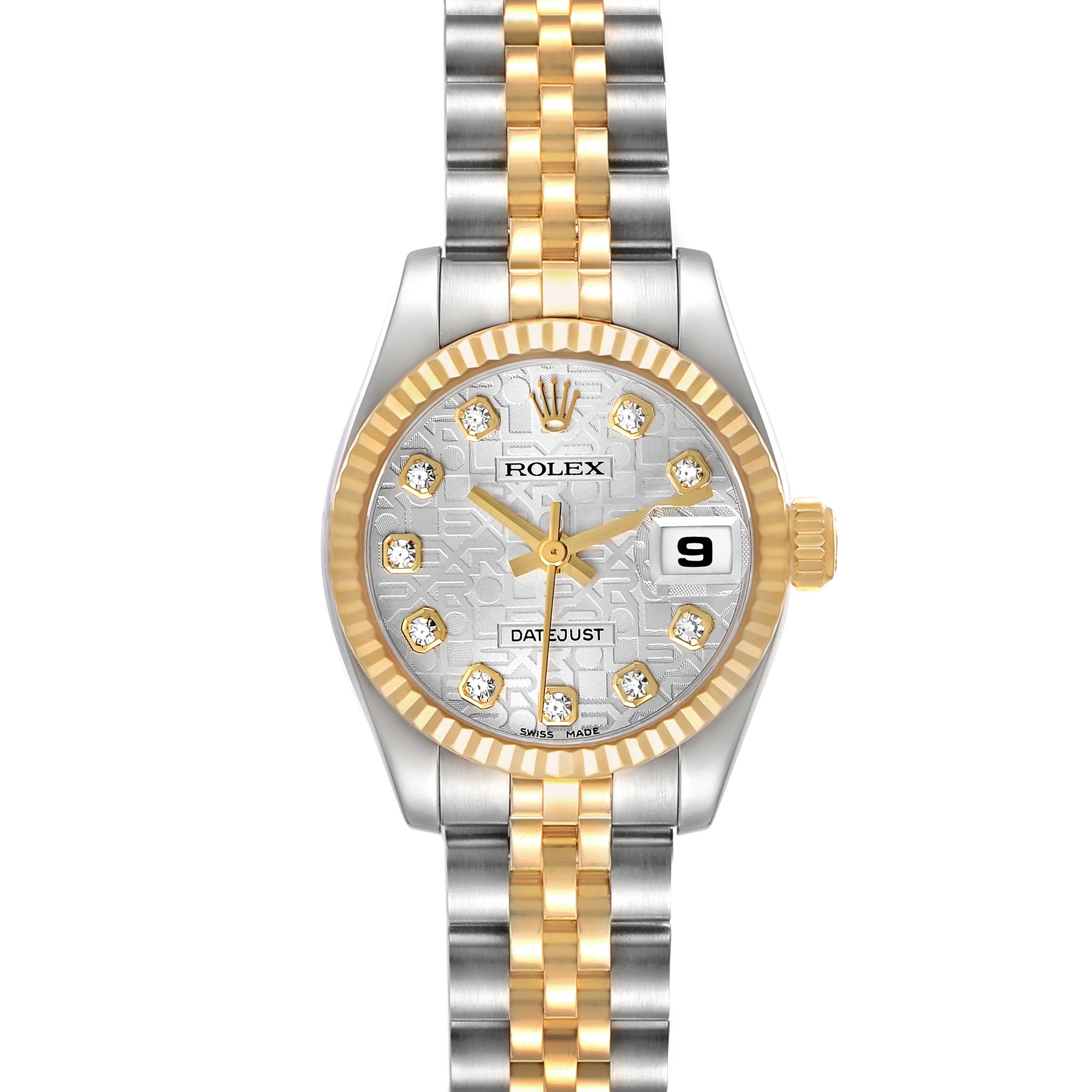 The Rolex Datejust 179173 Women's Steel and Gold (two tone) Silver Dial watch is shown from a front angle, displaying the dial, date, bezel, and two-tone bracelet.