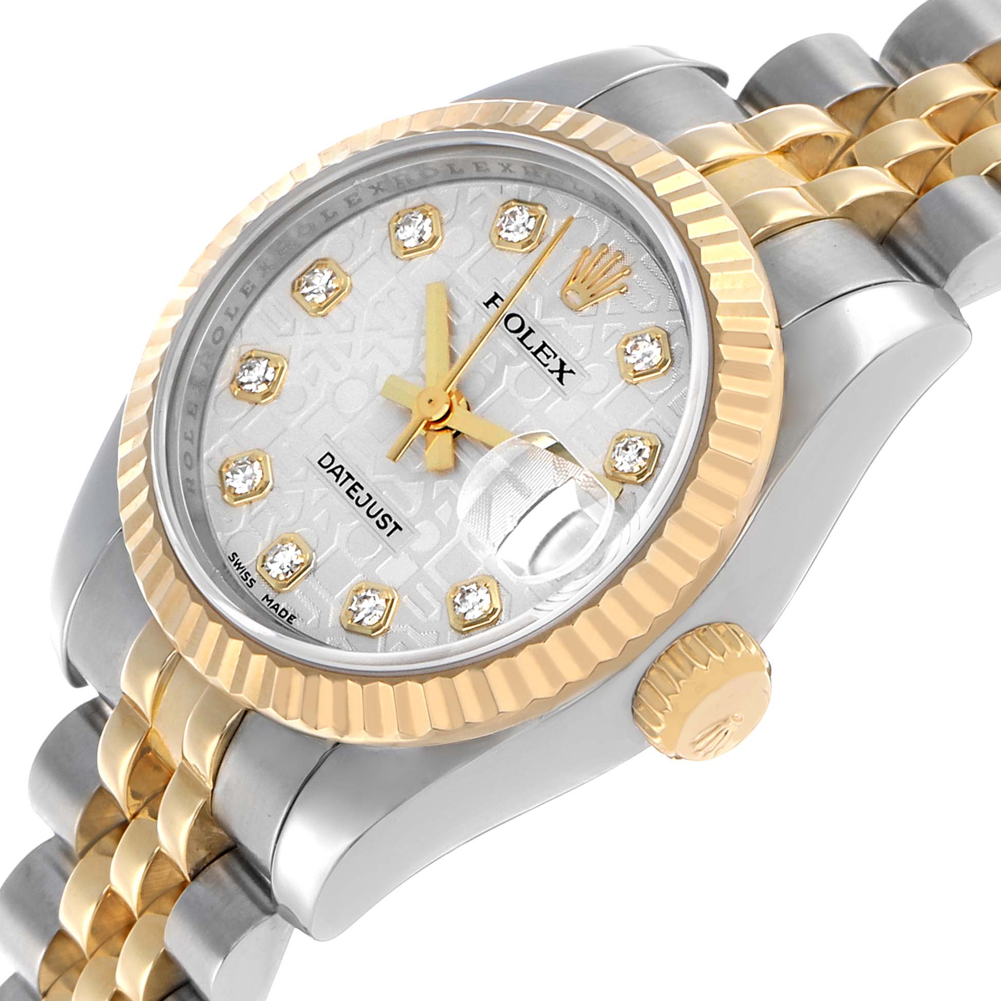 The Rolex Datejust 179173 Women's Steel and Gold (two tone) Silver Dial watch is shown at an angle highlighting the dial, bezel, and part of the bracelet, with a prominent cyclops lens.
