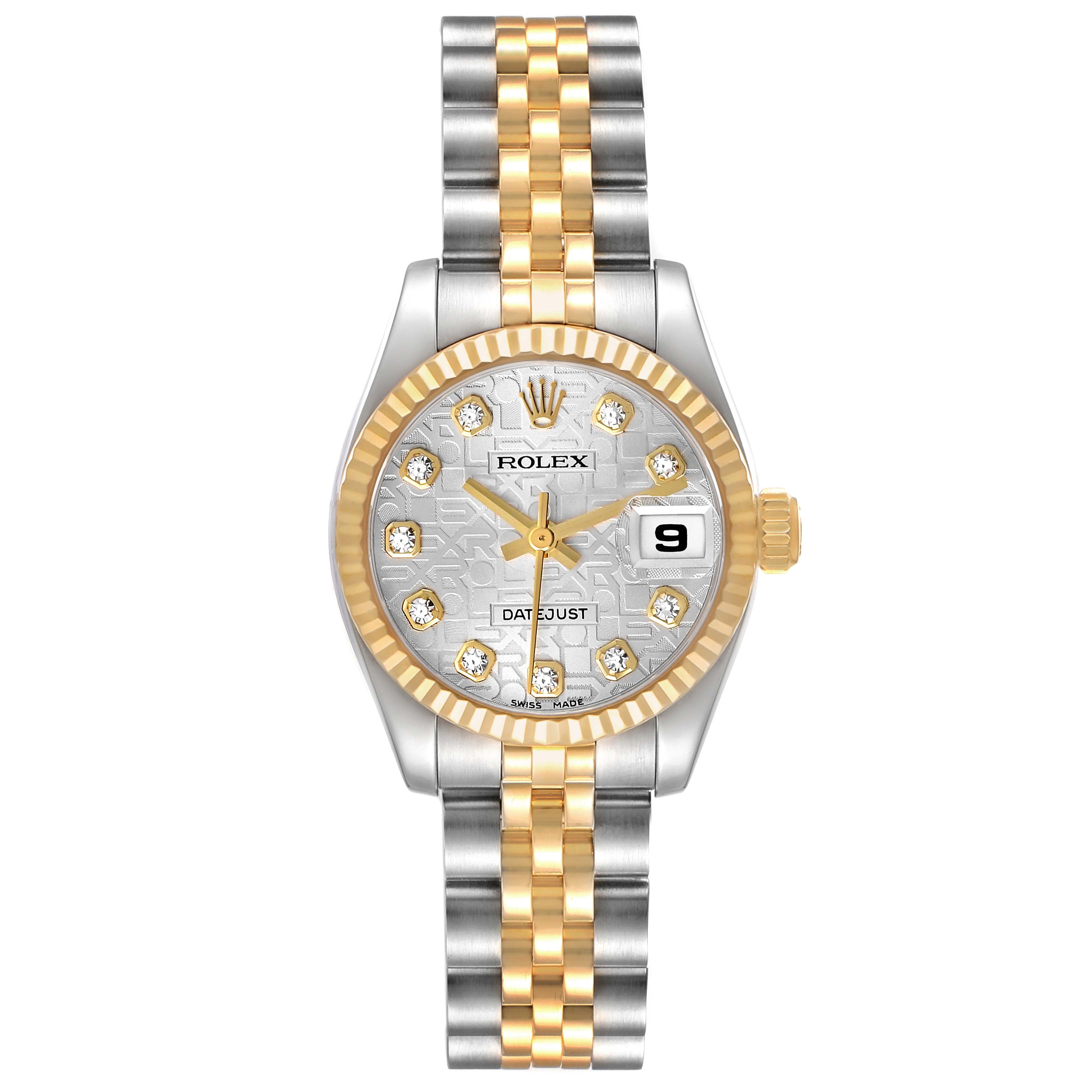 The Rolex Datejust 179173 Women's Steel and Gold (two tone) Silver Dial watch is shown from a top-down angle, displaying the dial, bezel, and two-tone bracelet.