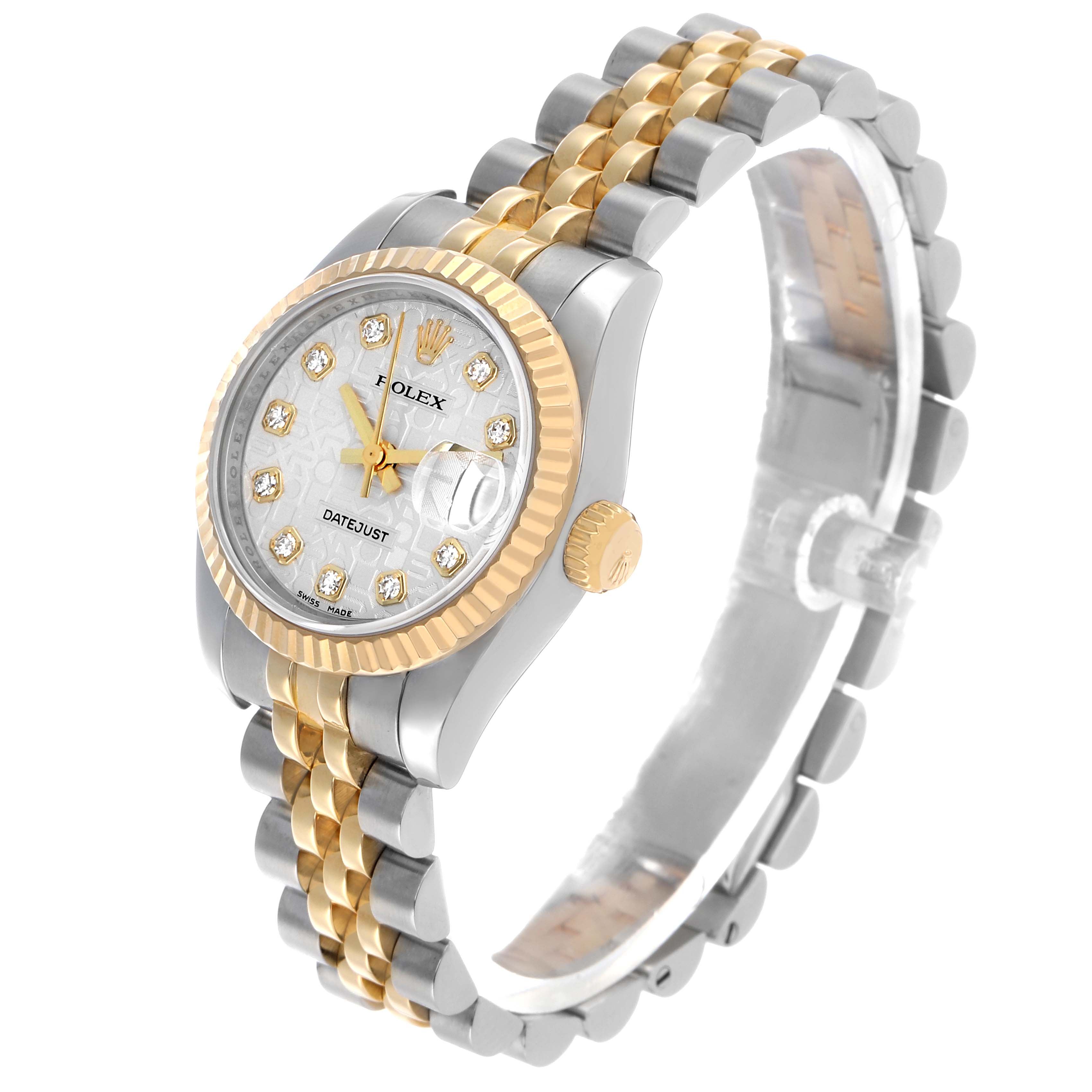 The Rolex Datejust 179173 Women's Steel and Gold (two tone) Silver Dial watch is shown at an angle highlighting its dial, bezel, crown, and two-tone bracelet.