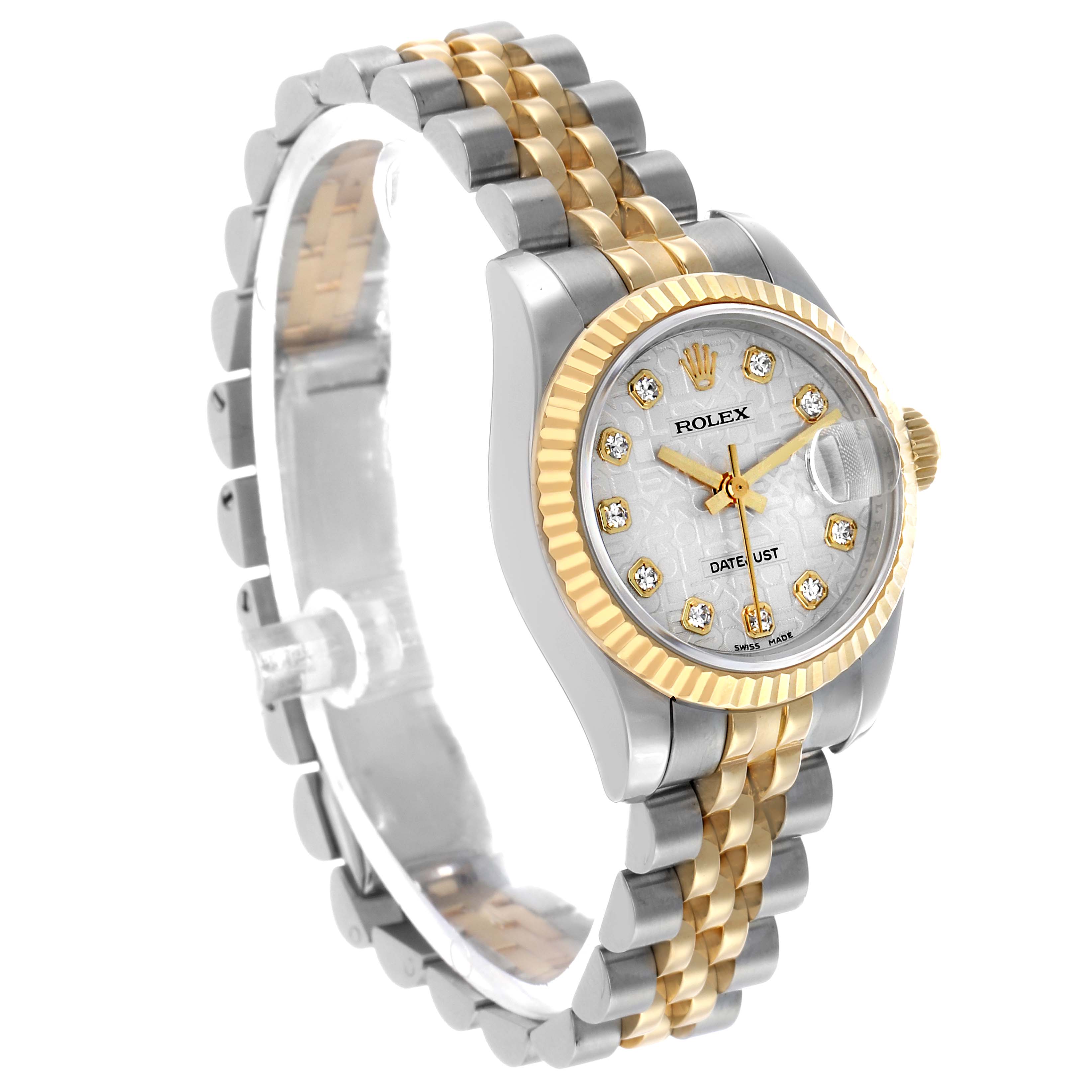 The Rolex Datejust 179173 Women's Steel and Gold (two tone) Silver Dial watch is shown from a three-quarter angle, displaying the dial, bracelet, and fluted bezel.