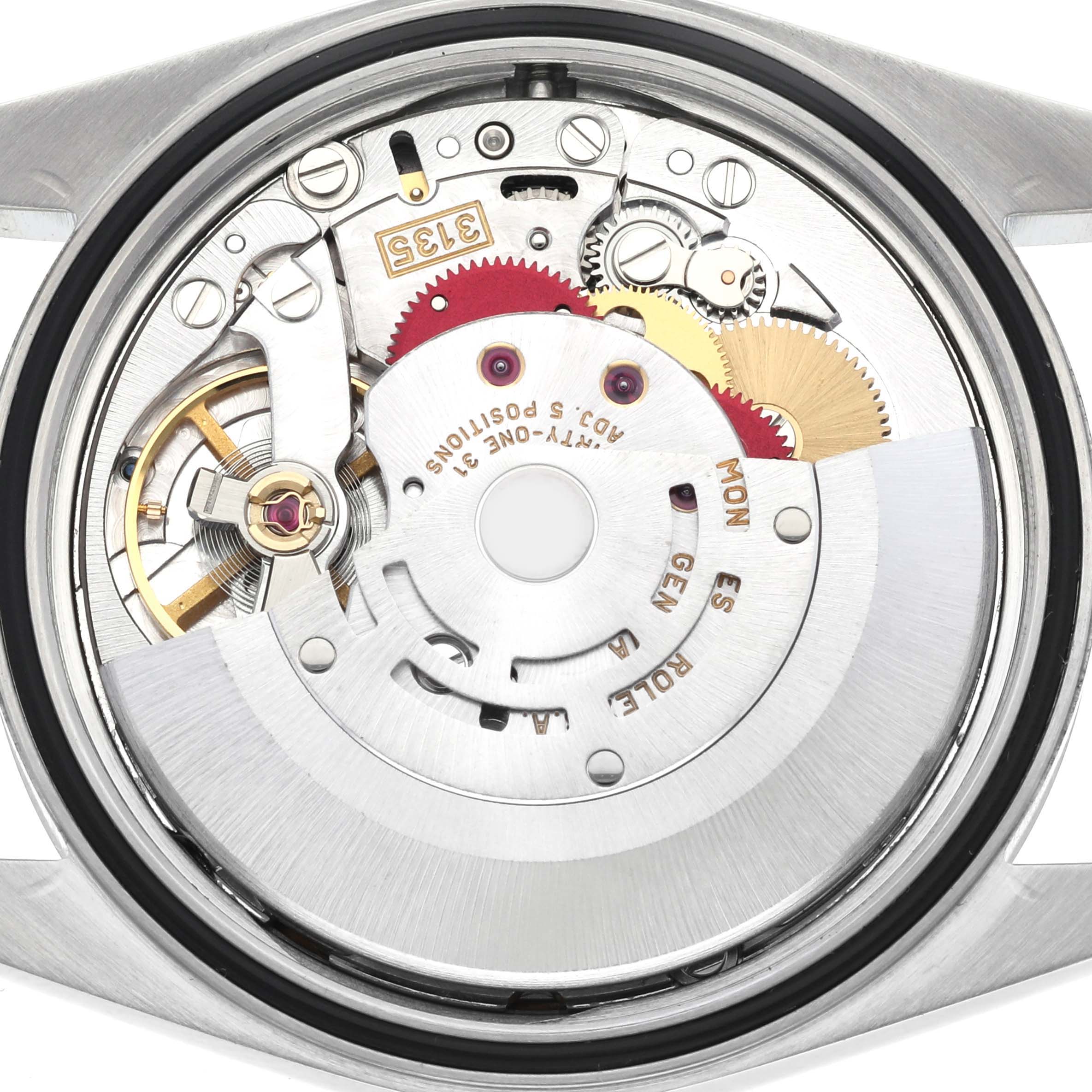 The image shows the internal movement components of a Rolex Datejust 16200 Men's Stainless Steel Blue Dial 16200 Men's Stainless Steel Blue Dial watch from a top-down perspective.