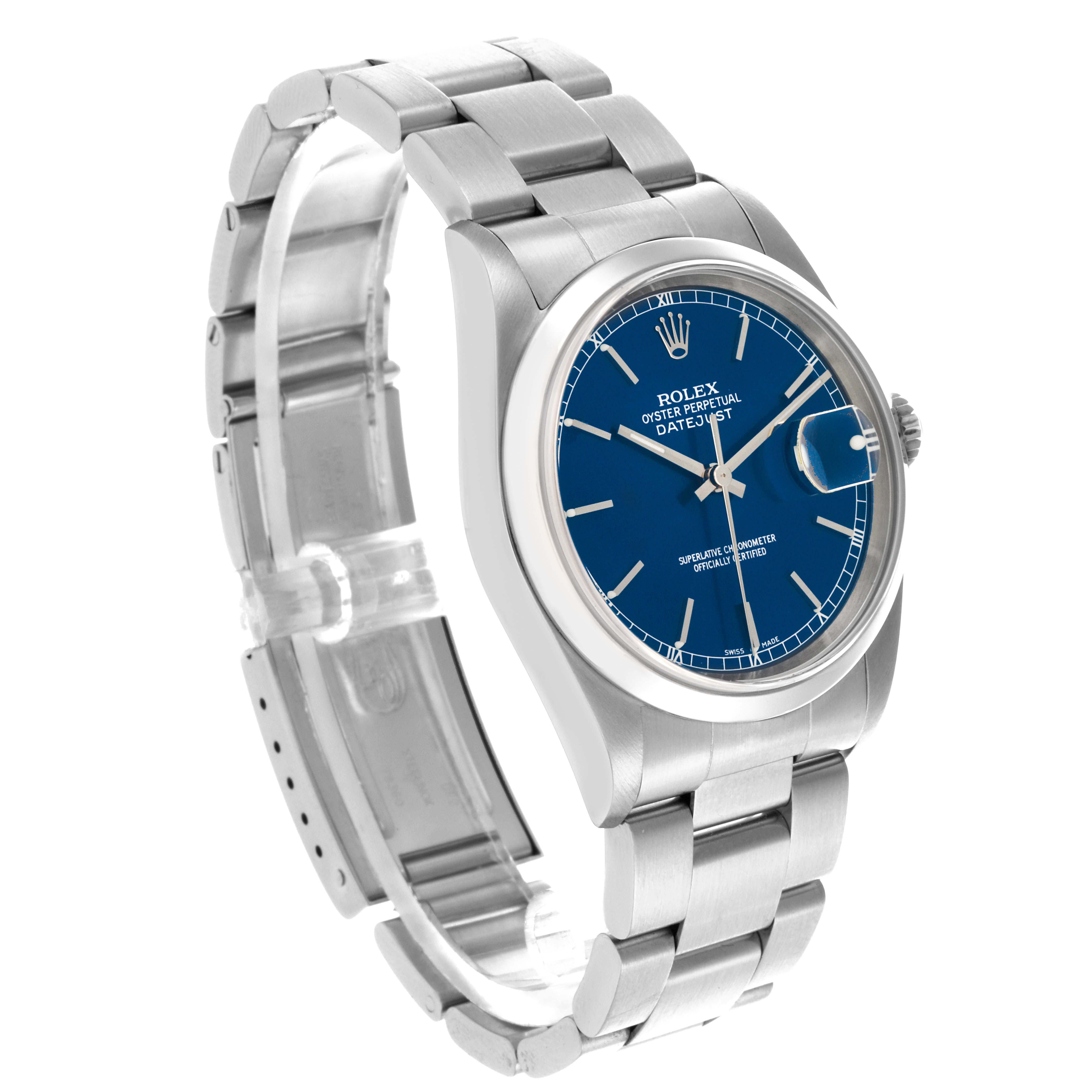 The Rolex Datejust 16200 Men's Stainless Steel Blue Dial 16200 Men's Stainless Steel Blue Dial watch is shown at a slight three-quarter angle, displaying its blue dial, crown, case, and bracelet.