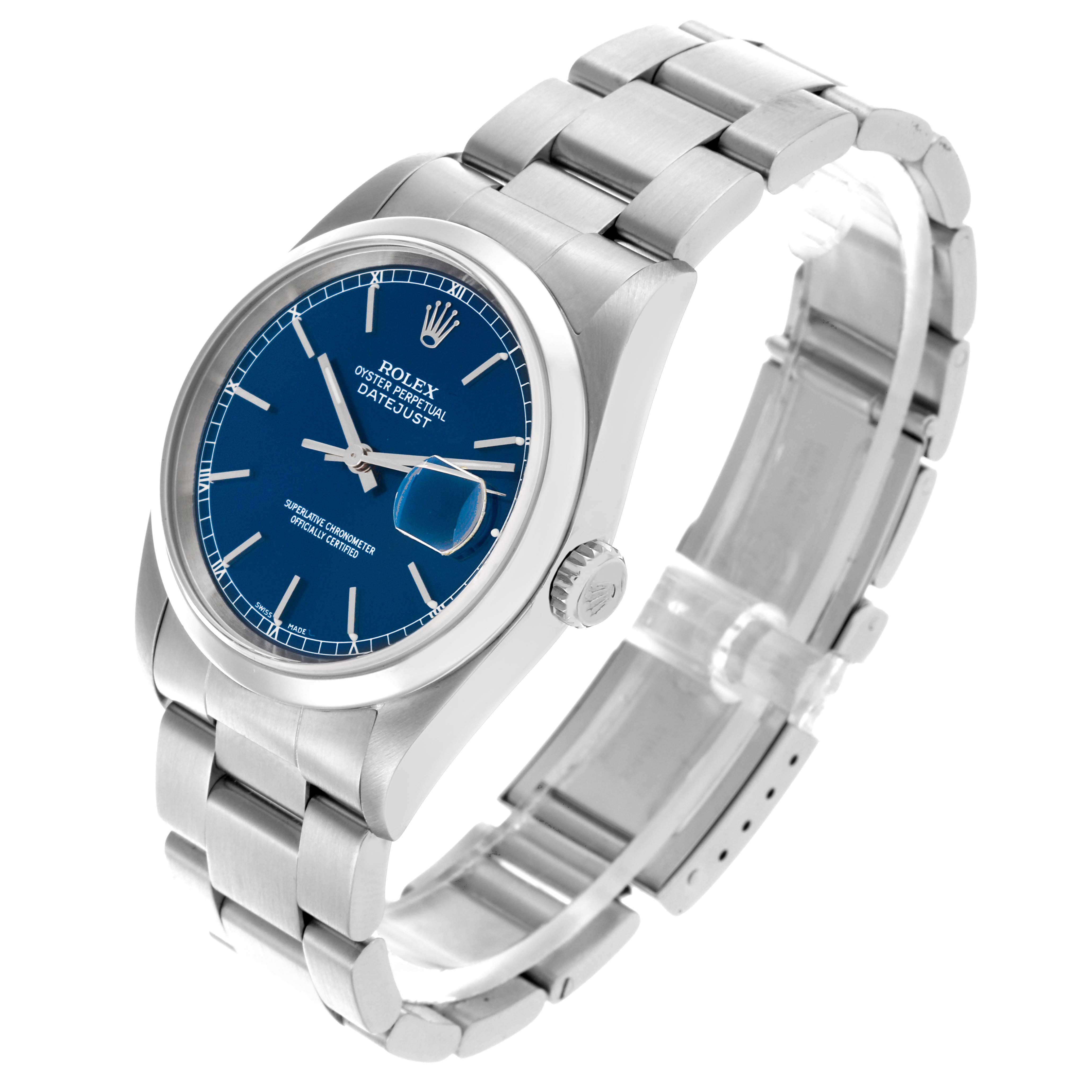 The Rolex Datejust 16200 Men's Stainless Steel Blue Dial 16200 Men's Stainless Steel Blue Dial watch is shown at an angle displaying the face, crown, and stainless steel bracelet clearly.