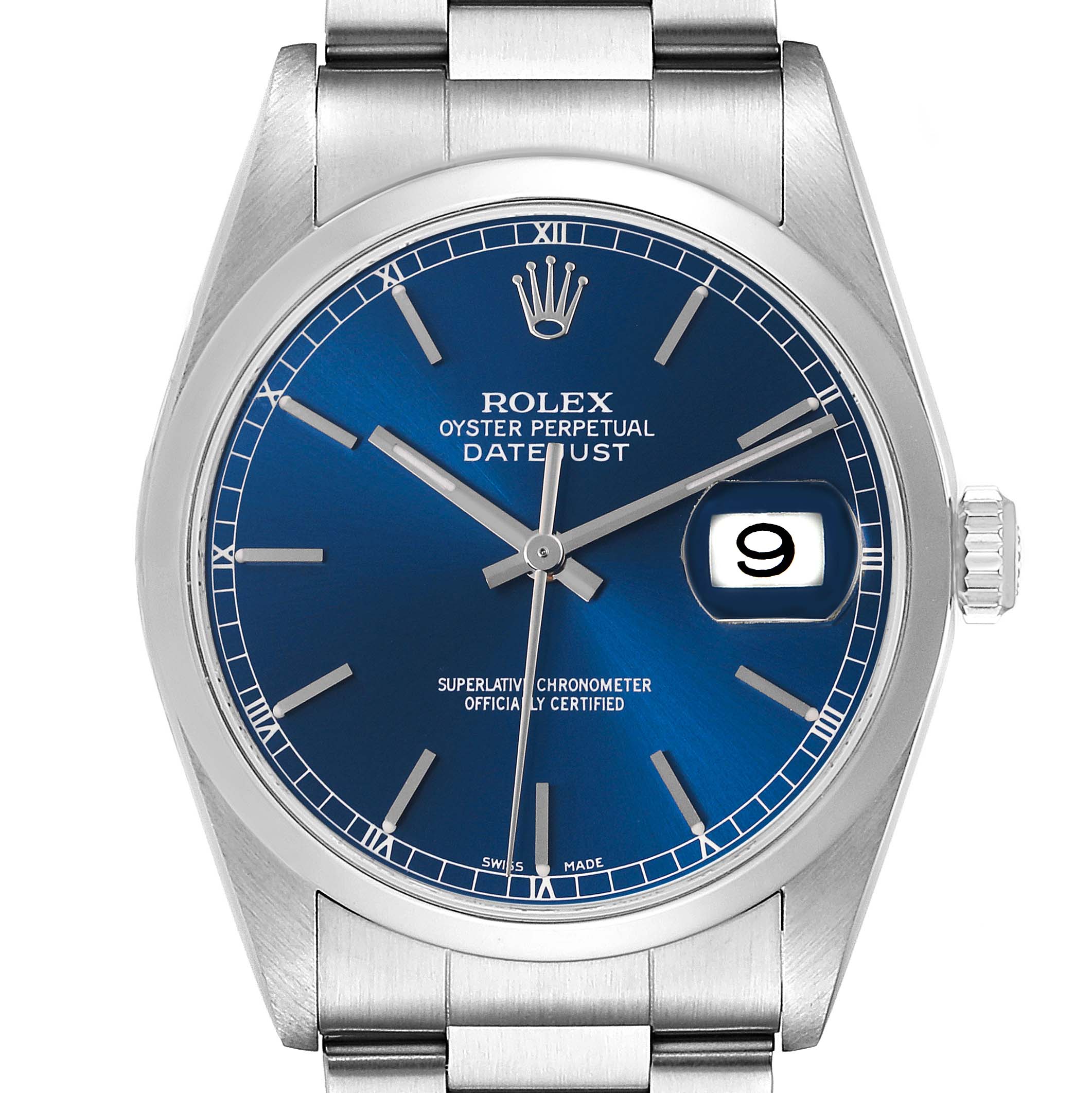 The Rolex Datejust 16200 Men's Stainless Steel Blue Dial 16200 Men's Stainless Steel Blue Dial watch is shown from a top-down angle, displaying the face, case, bezel, crown, and part of the bracelet.