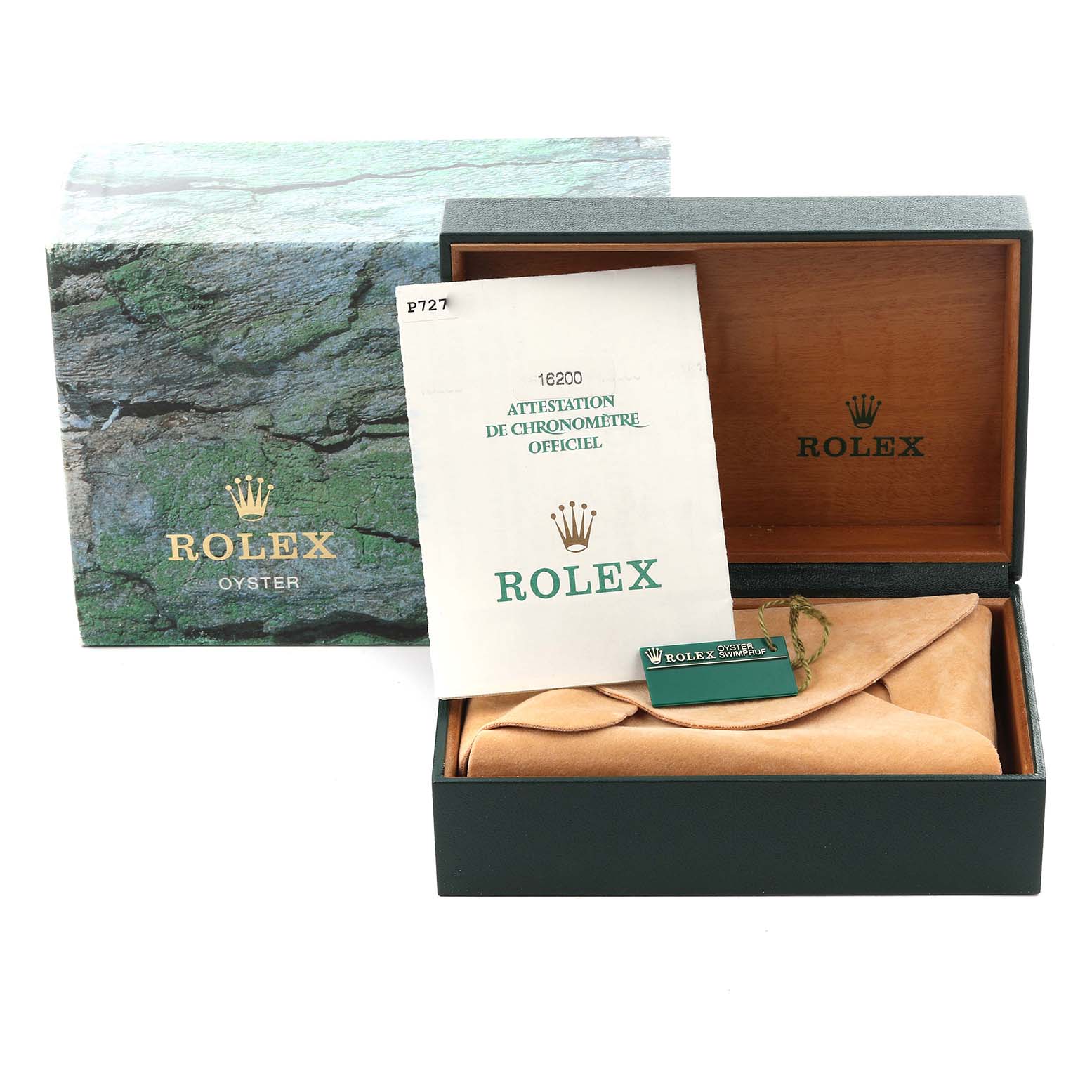 The image shows a Rolex Datejust 16200 Men's Stainless Steel Blue Dial 16200 Men's Stainless Steel Blue Dial watch box, certificate, and packaging, angled from the front.