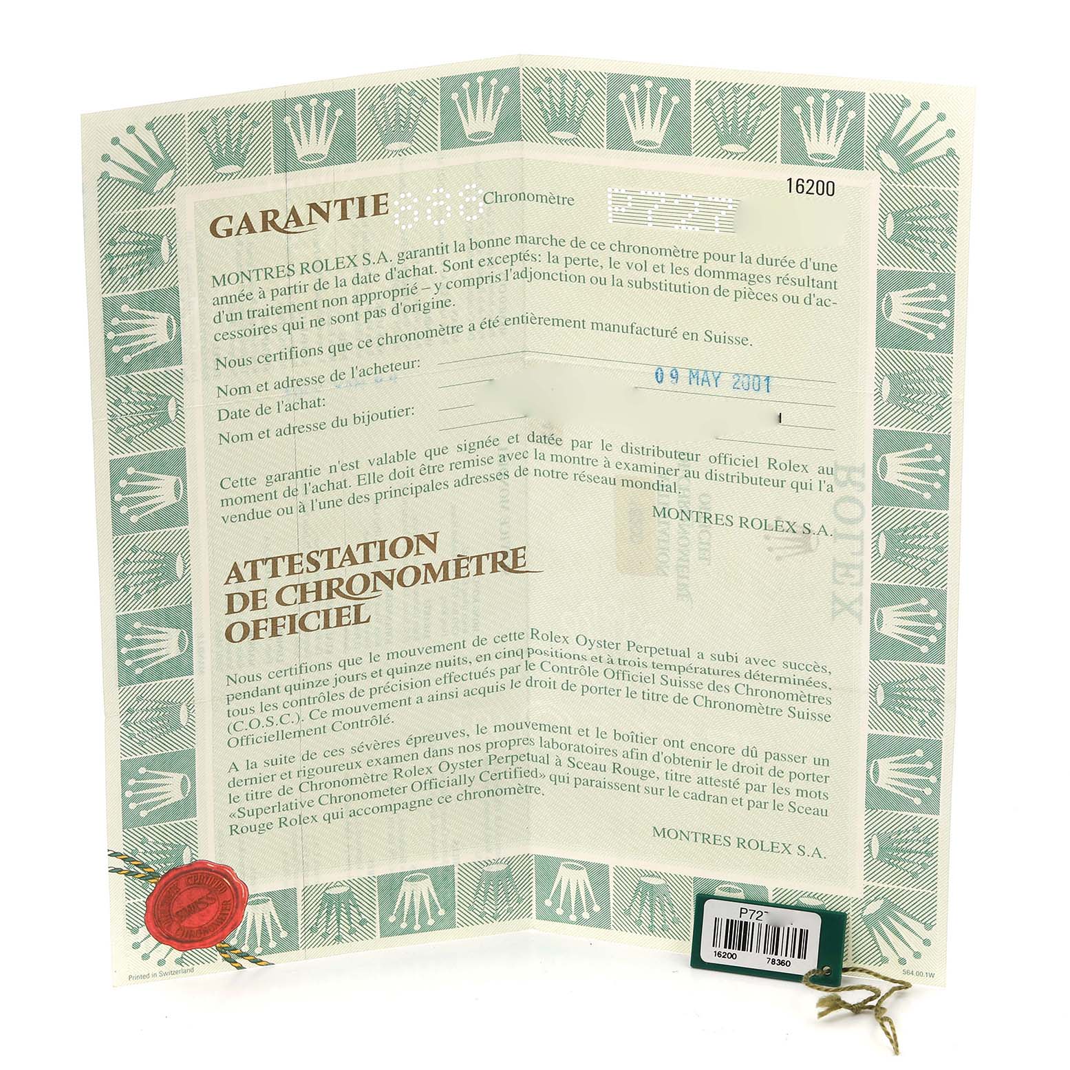 This image shows the warranty and certification papers for a Rolex Datejust 16200 Men's Stainless Steel Blue Dial 16200 Men's Stainless Steel Blue Dial watch.