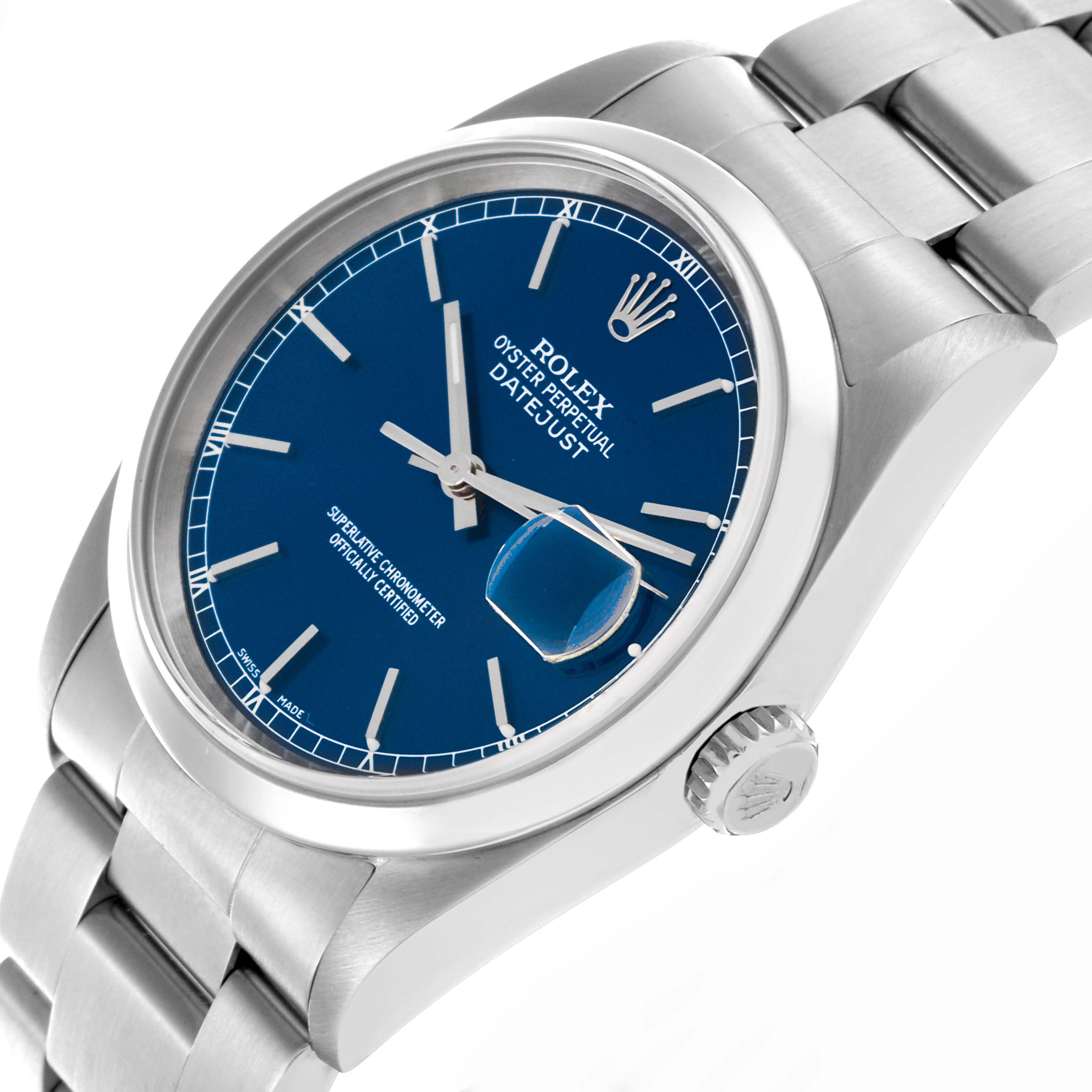 The Rolex Datejust 16200 Men's Stainless Steel Blue Dial 16200 Men's Stainless Steel Blue Dial is shown at a tilted angle, featuring the dial, bezel, bracelet, and crown.