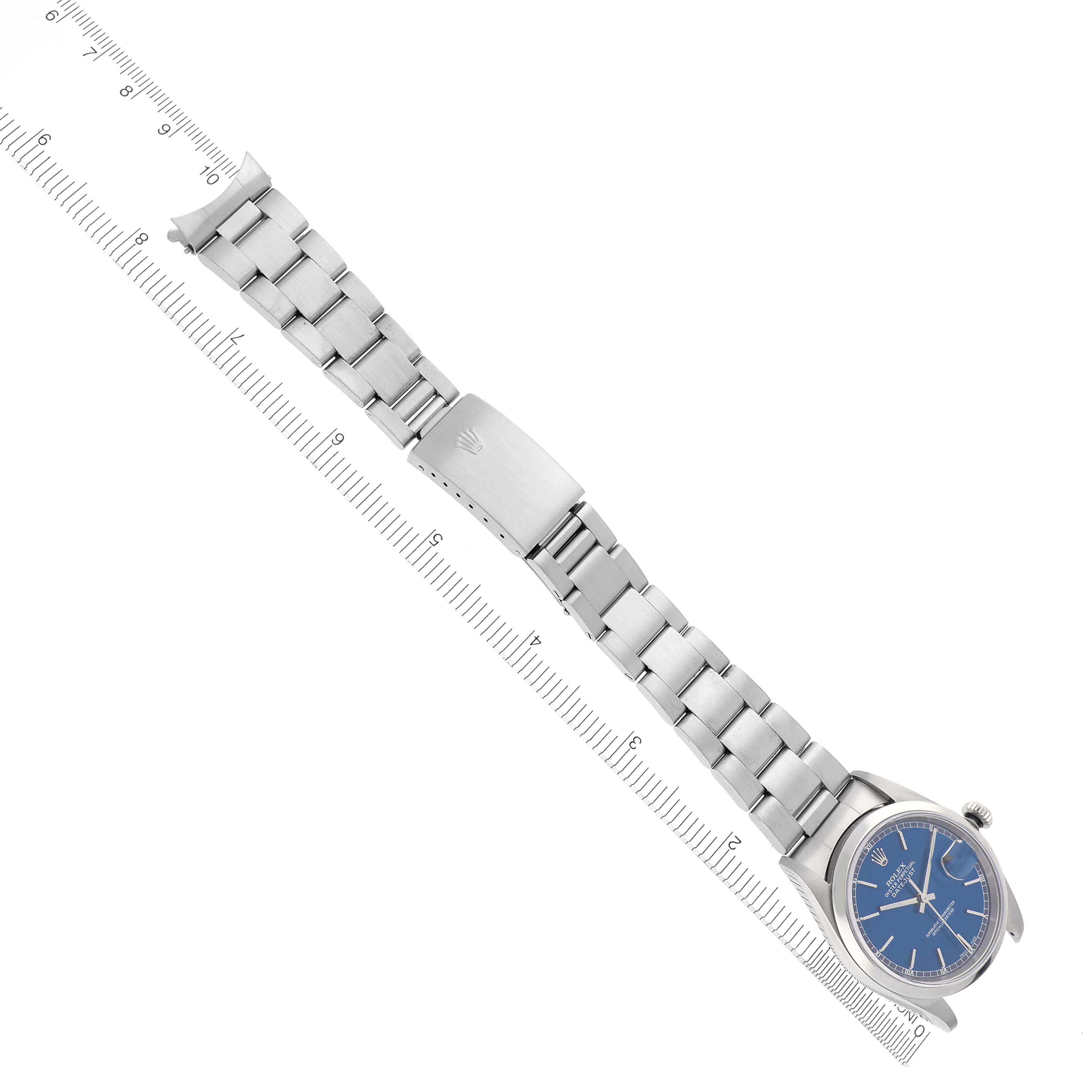 The image shows a Rolex Datejust 16200 Men's Stainless Steel Blue Dial 16200 Men's Stainless Steel Blue Dial watch laid flat, displaying the full bracelet and clasp.