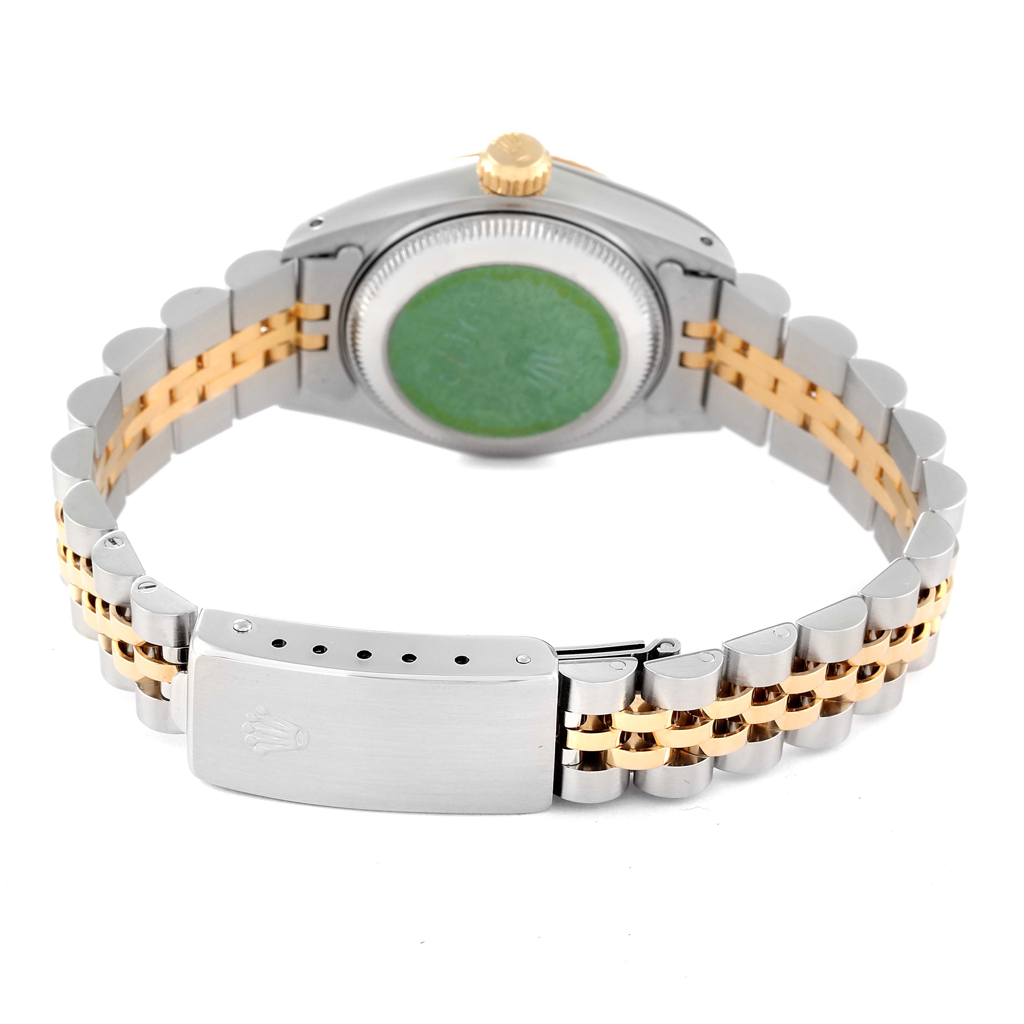 This image shows the back of a Rolex Datejust 69173 Women's Steel and Gold (two tone) Champagne Dial 69173 Women's Steel and Gold (two tone) Champagne Dial watch, highlighting the case back, two-tone bracelet, and clasp.