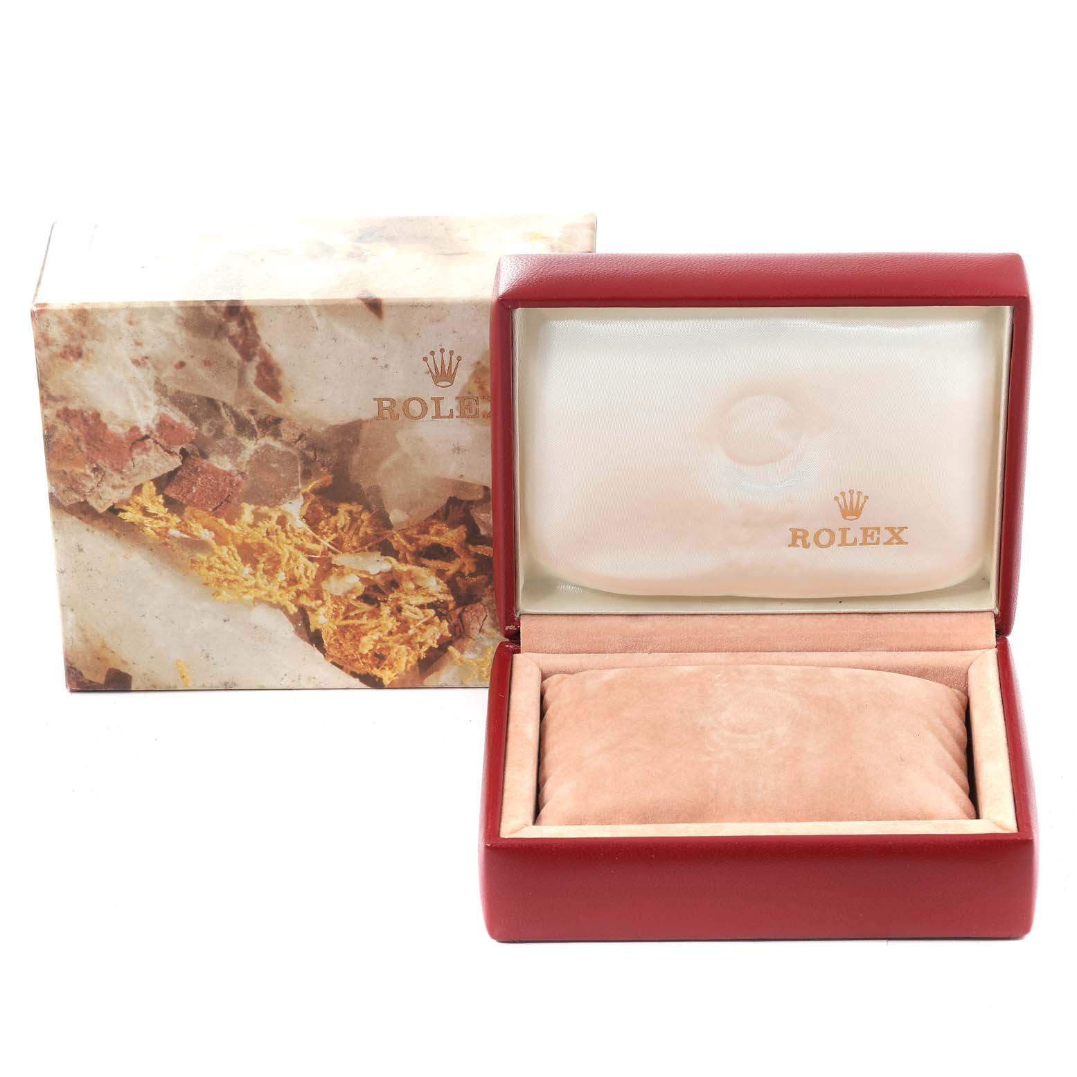 The image shows the open packaging box and presentation case for a Rolex Datejust 69173 Women's Steel and Gold (two tone) Champagne Dial 69173 Women's Steel and Gold (two tone) Champagne Dial watch.