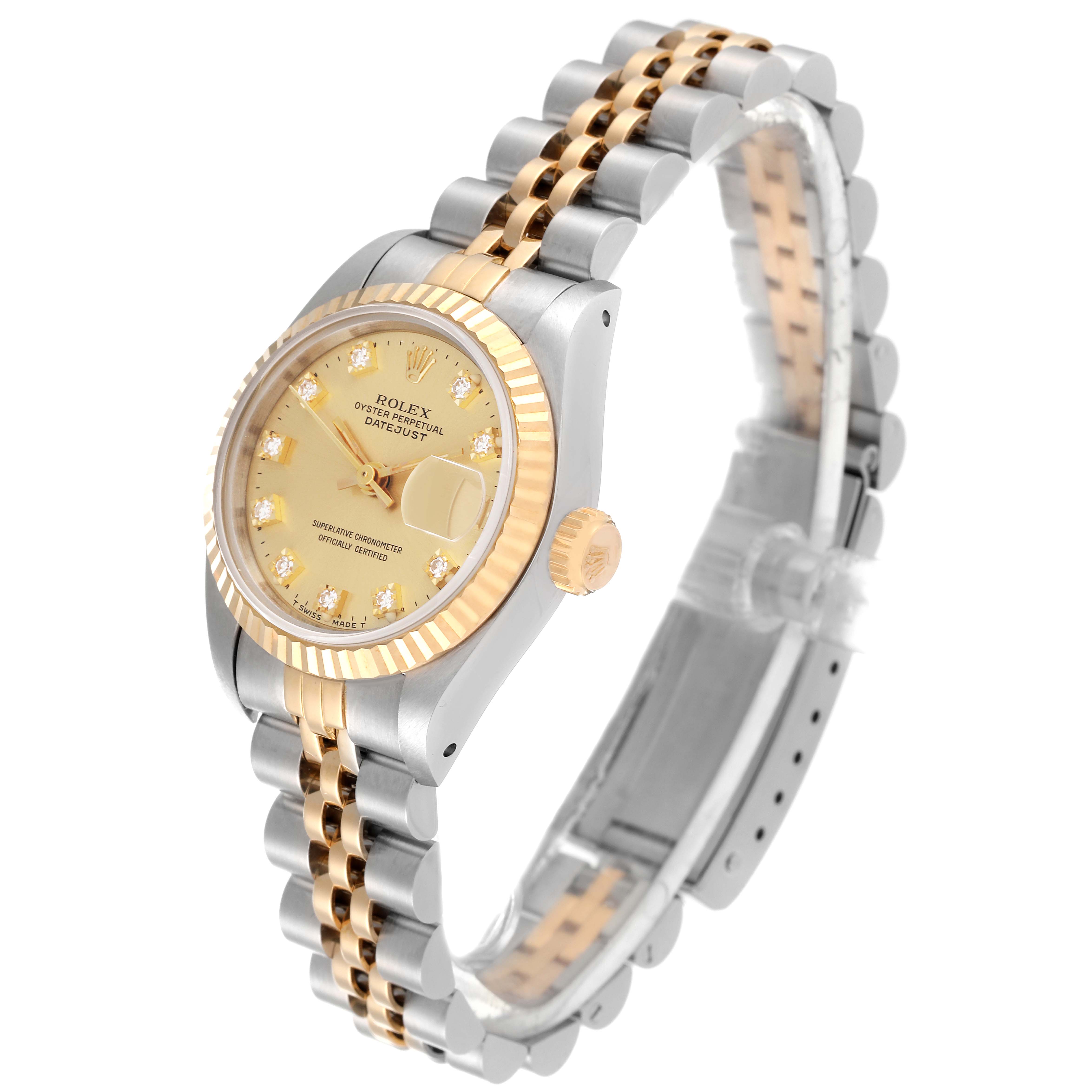 The image shows a Rolex Datejust 69173 Women's Steel and Gold (two tone) Champagne Dial 69173 Women's Steel and Gold (two tone) Champagne Dial watch at an angled side view, displaying the bracelet, case, dial, and crown.