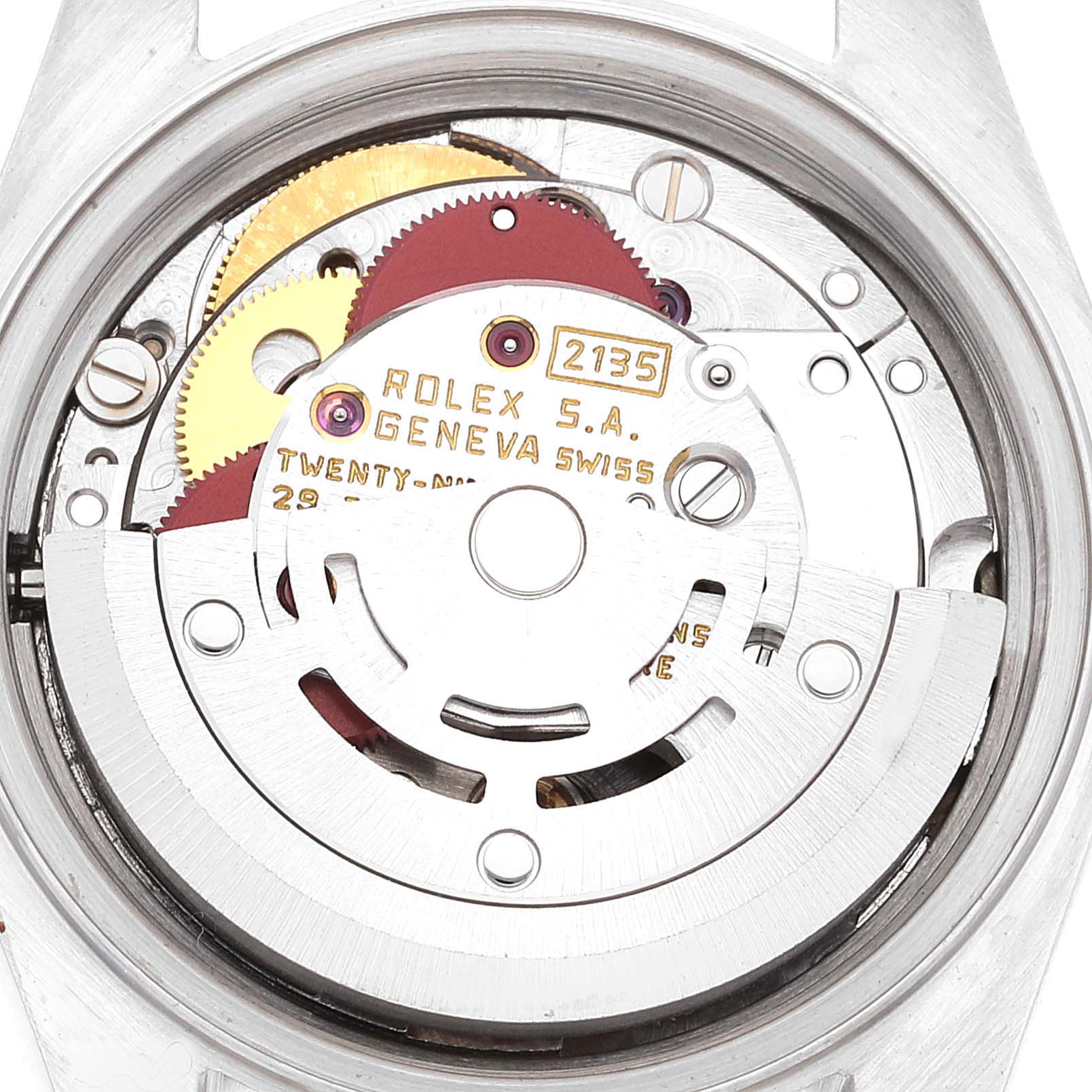 The image shows a close-up view of the movement of the Rolex Datejust 69173 Women's Steel and Gold (two tone) Champagne Dial 69173 Women's Steel and Gold (two tone) Champagne Dial watch, exposing its inner mechanical components.