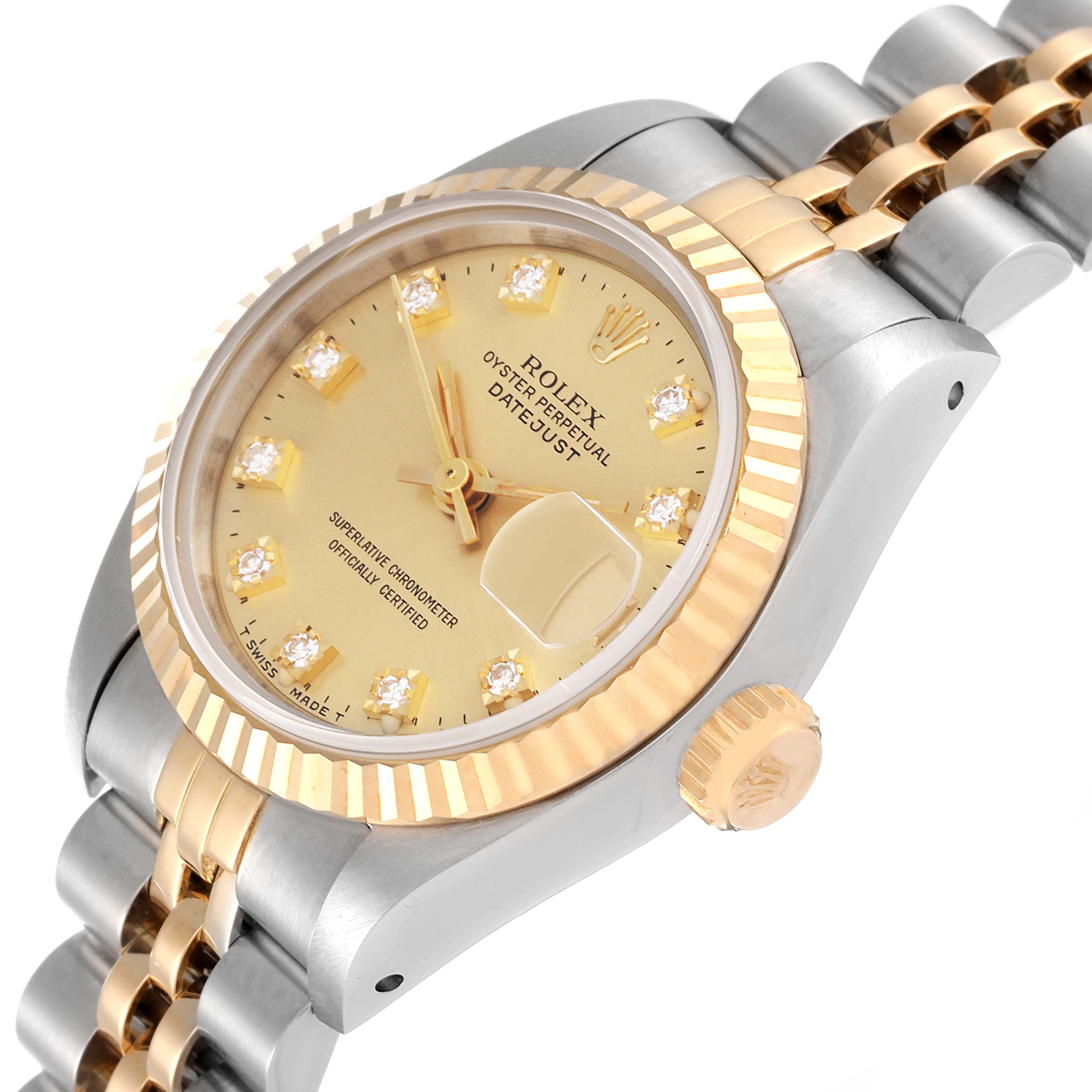 This Rolex Datejust 69173 Women's Steel and Gold (two tone) Champagne Dial 69173 Women's Steel and Gold (two tone) Champagne Dial watch is shown from a side angle, highlighting the dial, fluted bezel, bracelet, and crown.