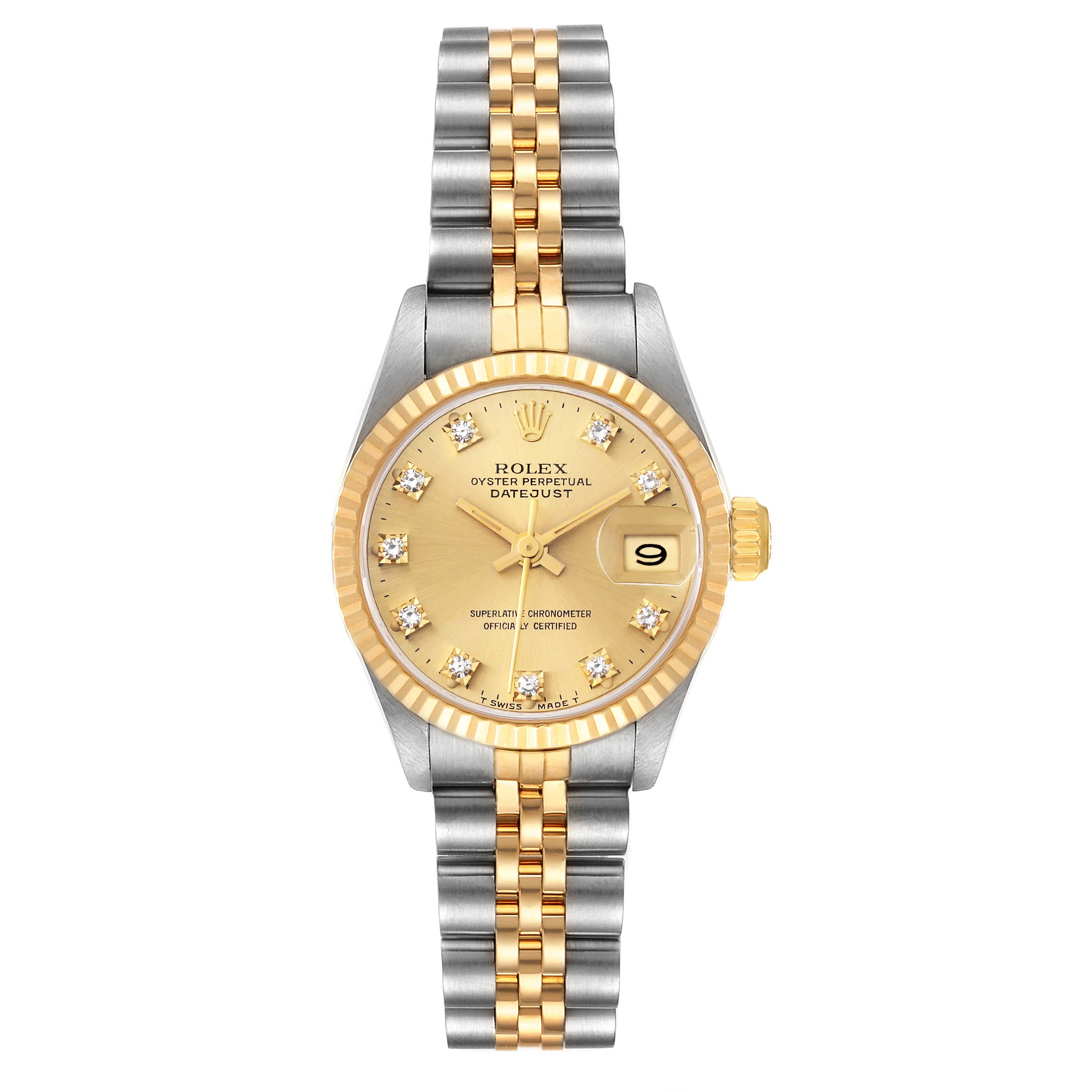 The image shows a frontal view of a Rolex Datejust 69173 Women's Steel and Gold (two tone) Champagne Dial 69173 Women's Steel and Gold (two tone) Champagne Dial watch, featuring a two-tone bracelet and a gold dial with diamond hour markers.