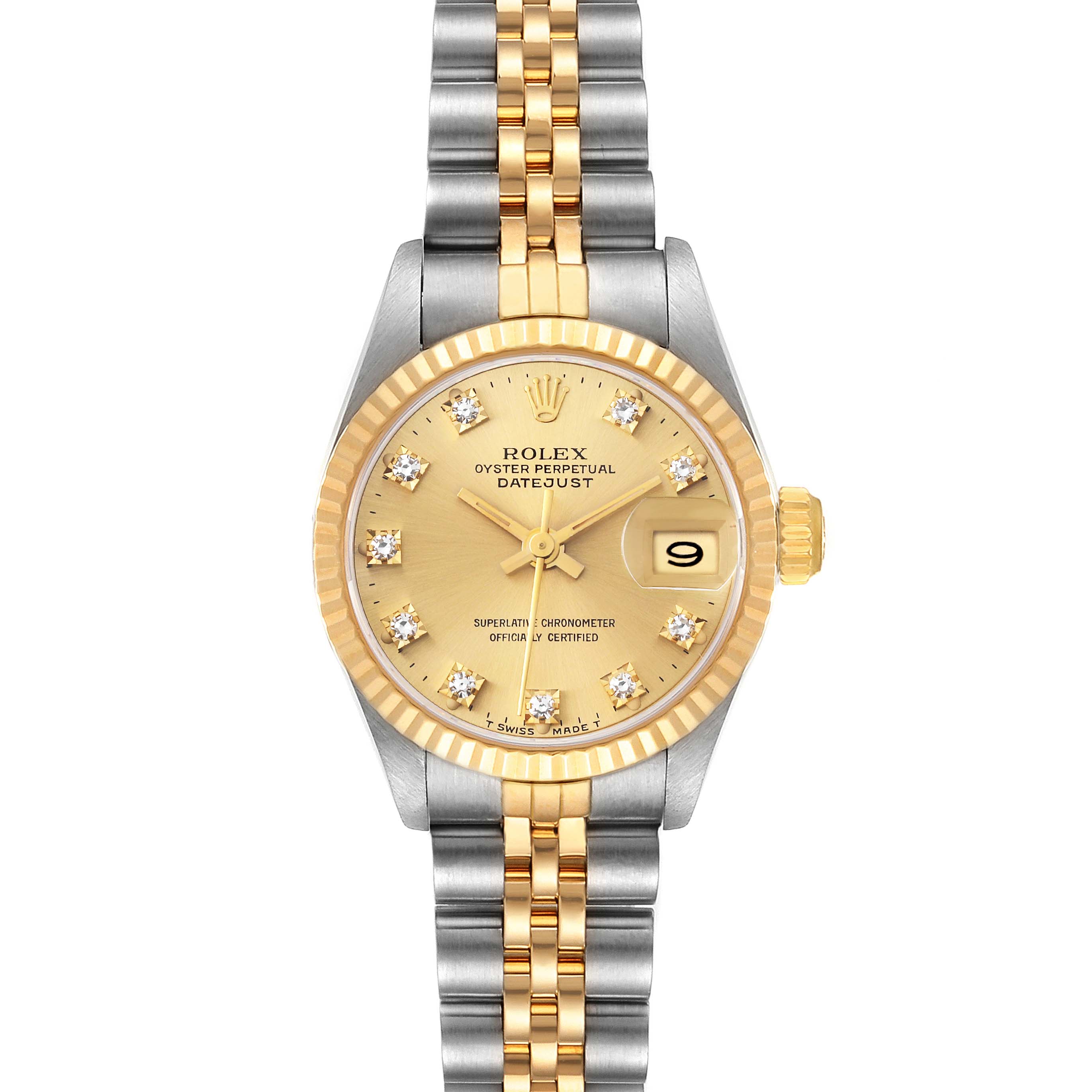 The Rolex Datejust 69173 Women's Steel and Gold (two tone) Champagne Dial 69173 Women's Steel and Gold (two tone) Champagne Dial watch is shown from a top-down angle, displaying the face, bezel, crown, and bracelet.