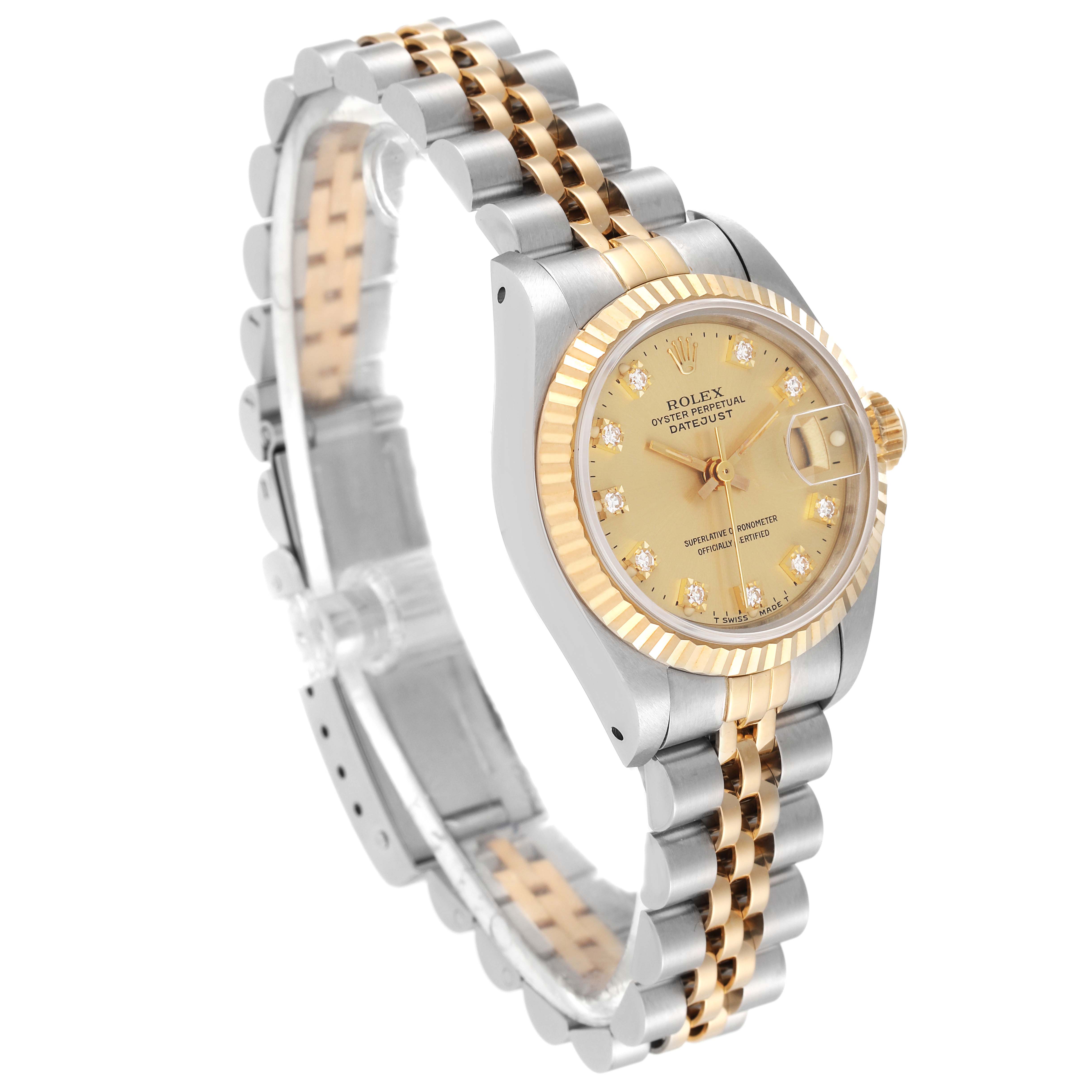 The image shows a side and frontal view of a Rolex Datejust 69173 Women's Steel and Gold (two tone) Champagne Dial 69173 Women's Steel and Gold (two tone) Champagne Dial watch, highlighting the case, dial, bezel, and two-tone bracelet.
