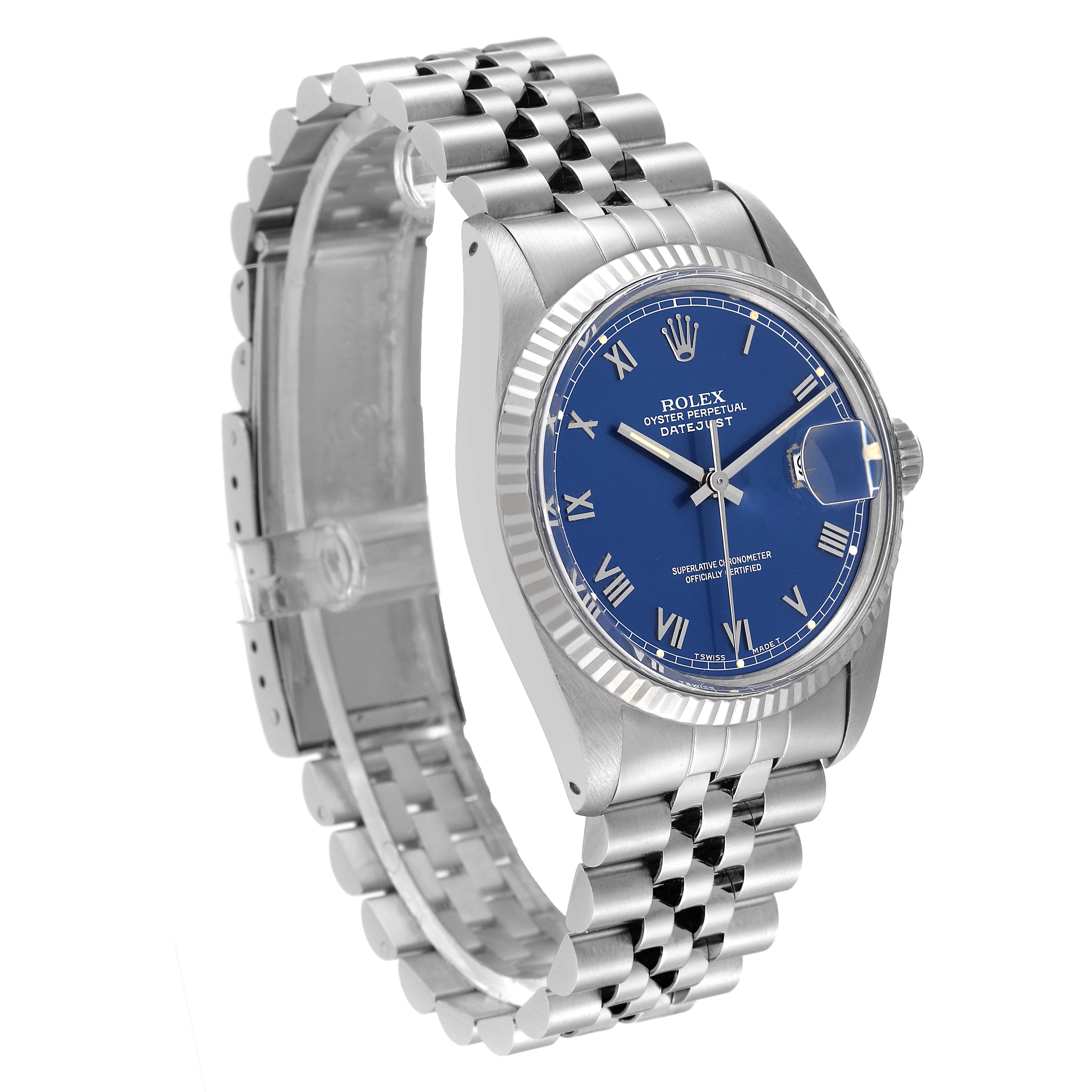 The Rolex Datejust 16014 Men's Stainless Steel Blue Dial 16014 Men's Stainless Steel Blue Dial watch is shown at a three-quarter angle, highlighting its blue dial, fluted bezel, and Jubilee bracelet.