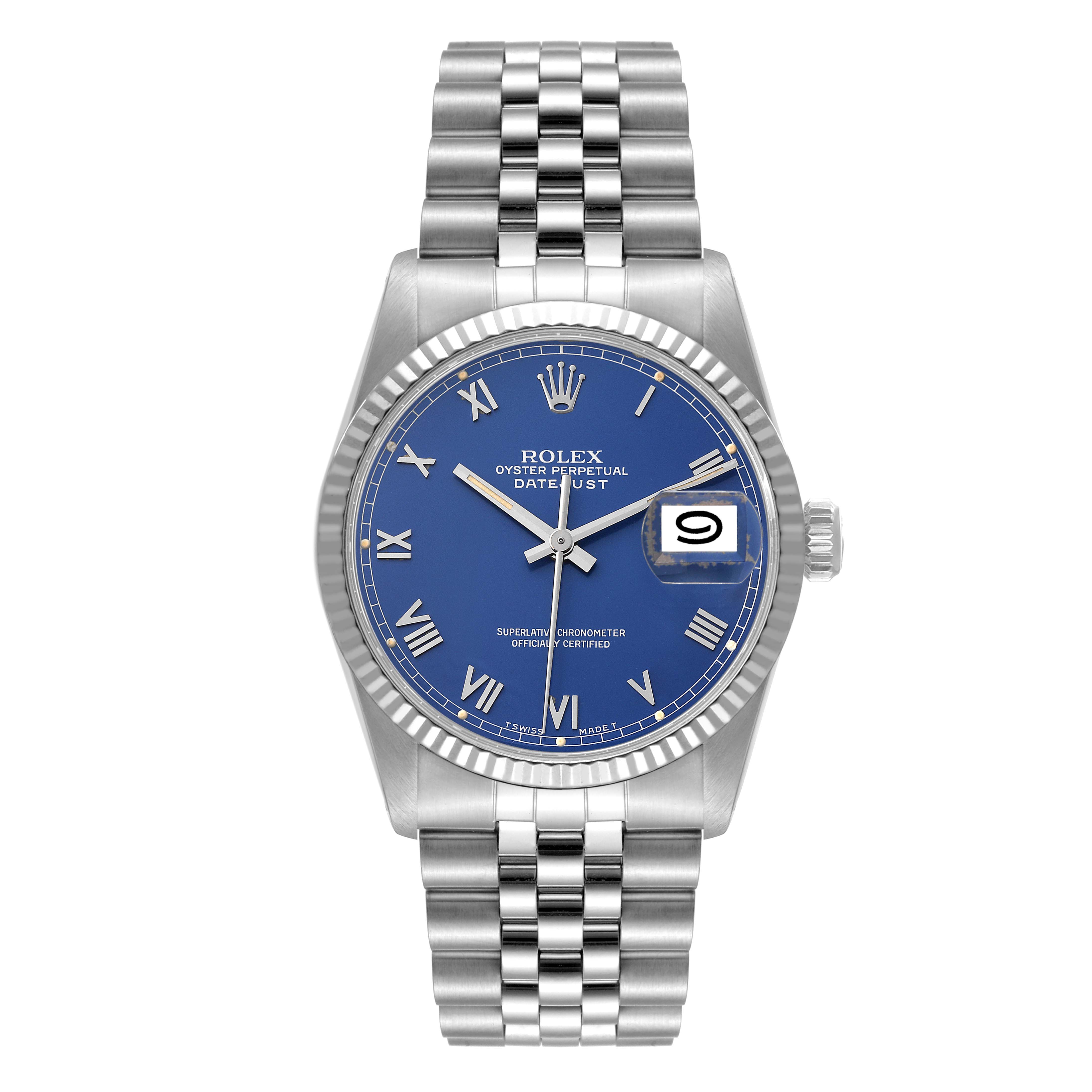 The Rolex Datejust 16014 Men's Stainless Steel Blue Dial 16014 Men's Stainless Steel Blue Dial watch is shown from the front, displaying its blue dial, Roman numerals, date window, and jubilee bracelet.