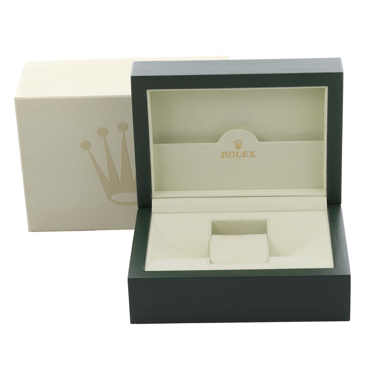 The image shows an open Rolex Datejust 116234 Men's Stainless Steel Silver Dial 116234 Men's Stainless Steel Silver Dial watch box at an angle, displaying its interior and outer box.