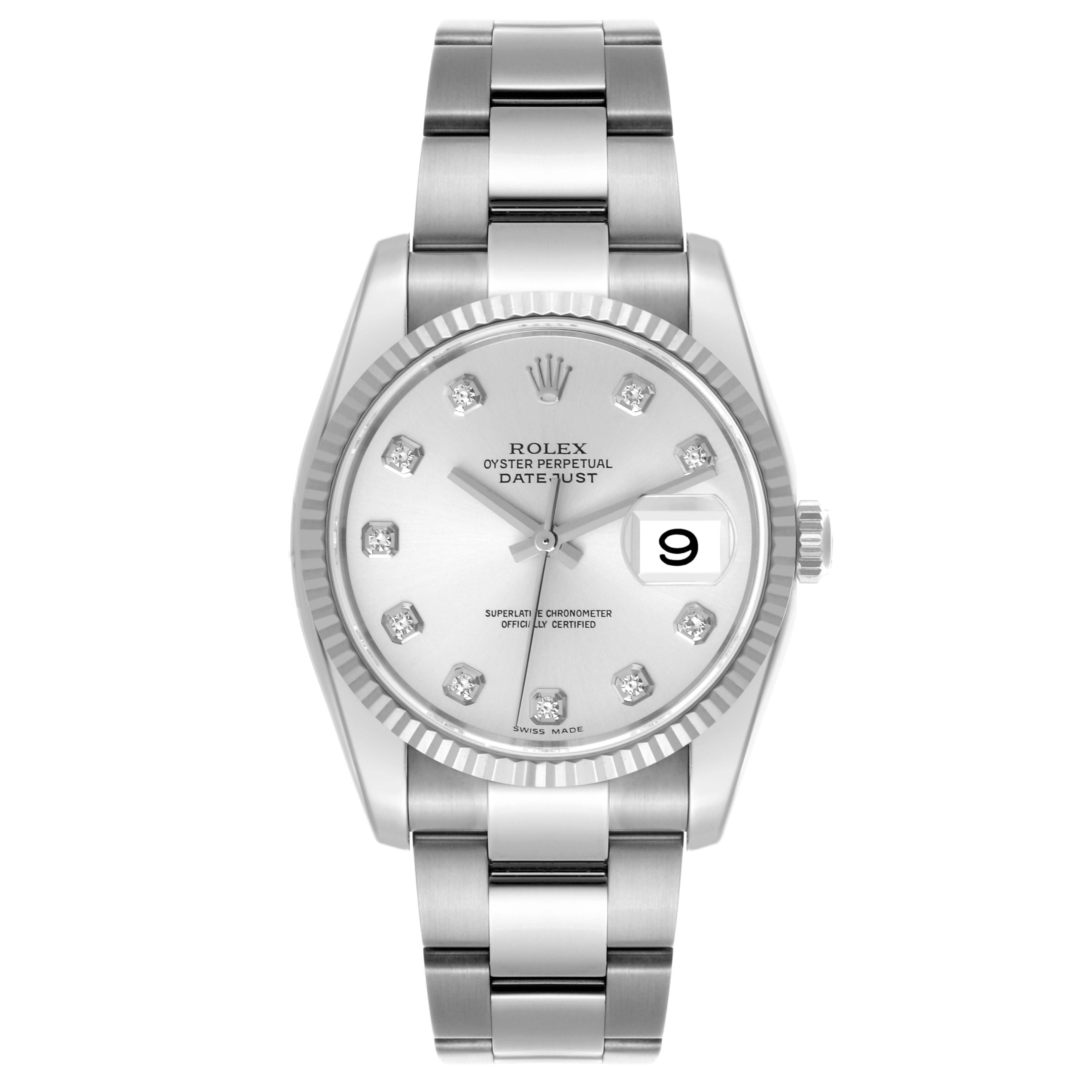 The Rolex Datejust 116234 Men's Stainless Steel Silver Dial 116234 Men's Stainless Steel Silver Dial watch is shown from a top view, displaying the dial, bezel, and bracelet.