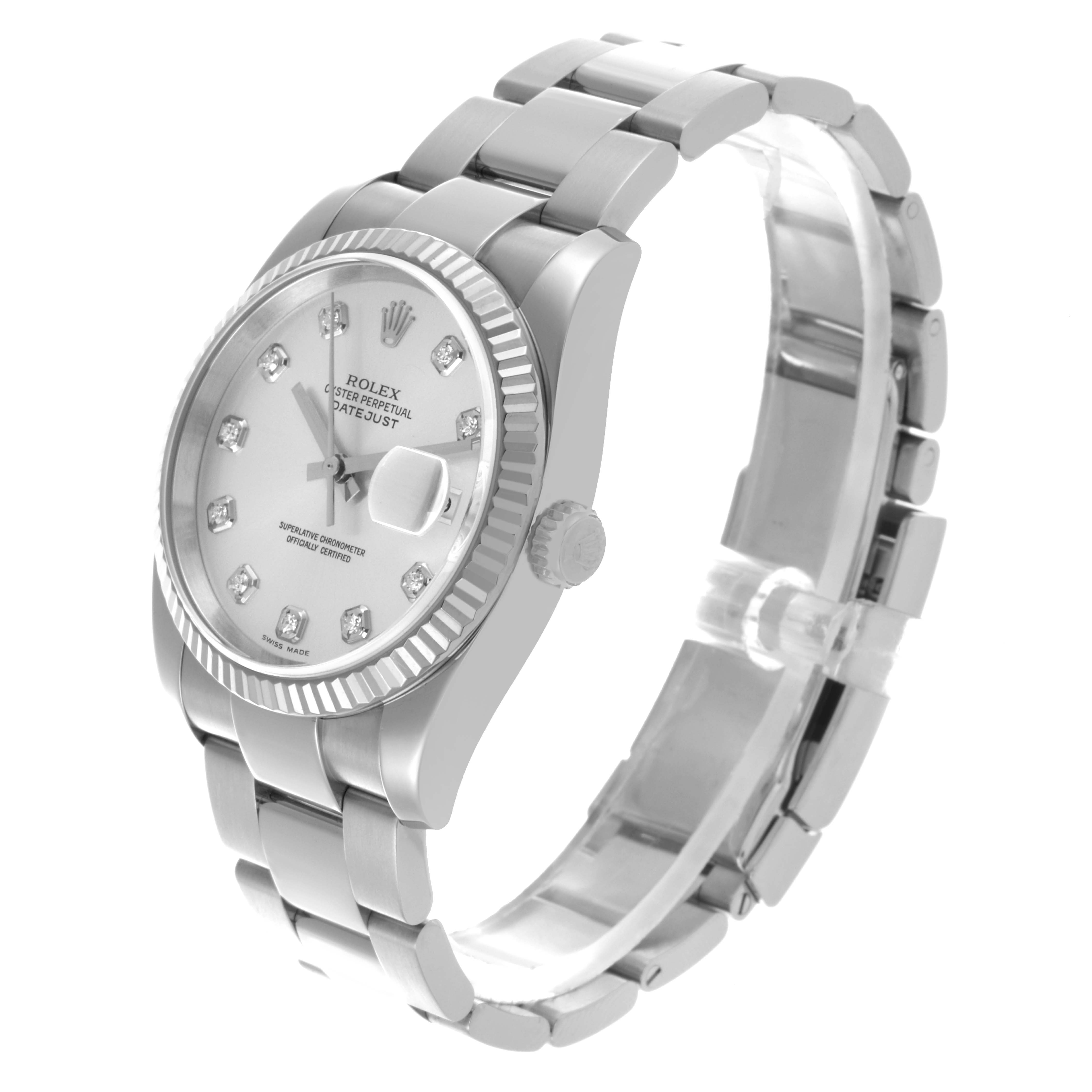 The Rolex Datejust 116234 Men's Stainless Steel Silver Dial 116234 Men's Stainless Steel Silver Dial watch is shown from a side angle, highlighting the face, bezel, crown, and bracelet.