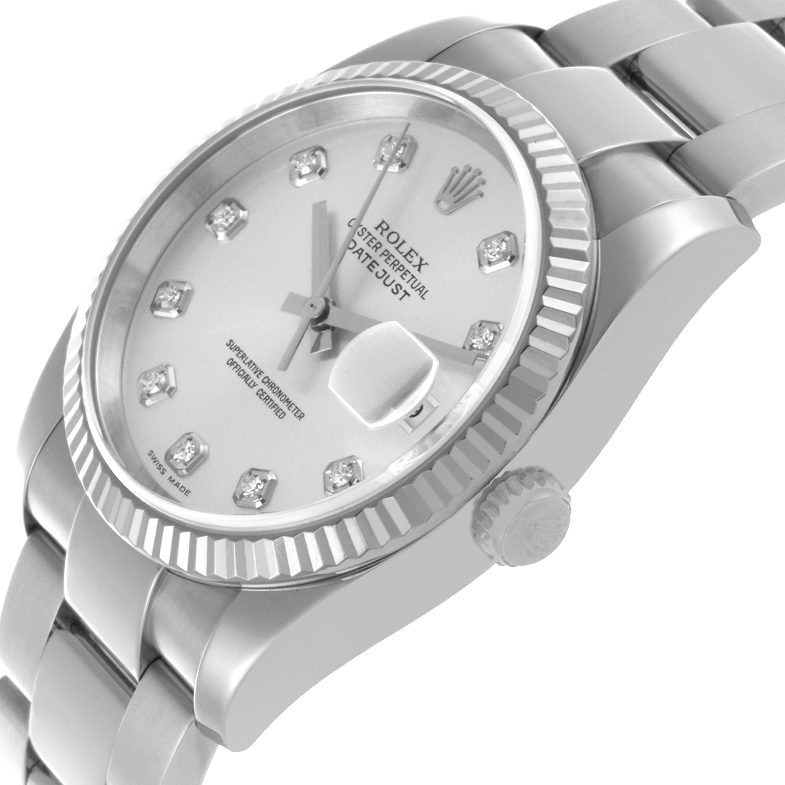 The Rolex Datejust 116234 Men's Stainless Steel Silver Dial 116234 Men's Stainless Steel Silver Dial watch is shown at a side angle, featuring the bracelet, crown, and dial with diamond hour markers.