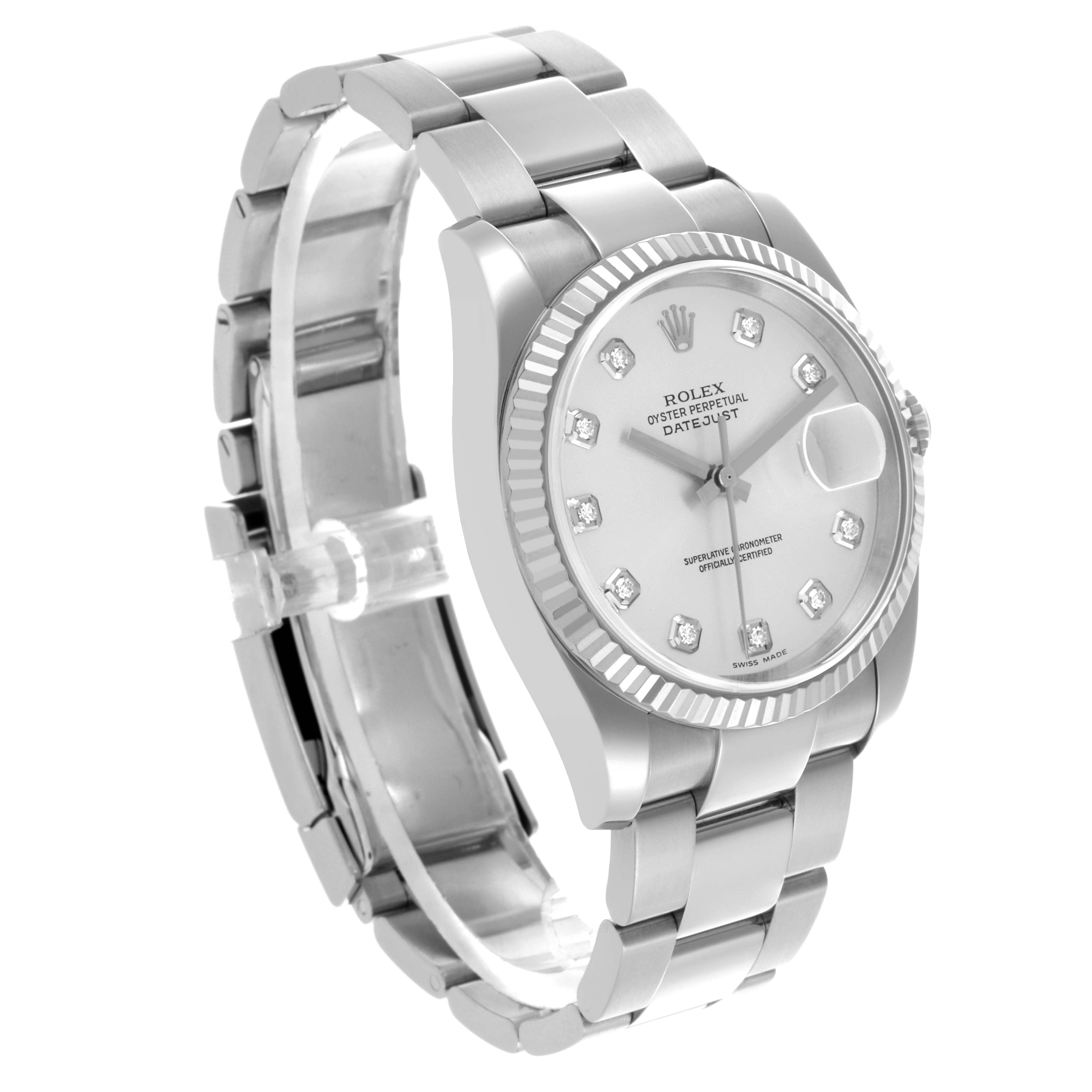The Rolex Datejust 116234 Men's Stainless Steel Silver Dial 116234 Men's Stainless Steel Silver Dial watch is shown at a three-quarter angle, displaying the face, bracelet, and fluted bezel.