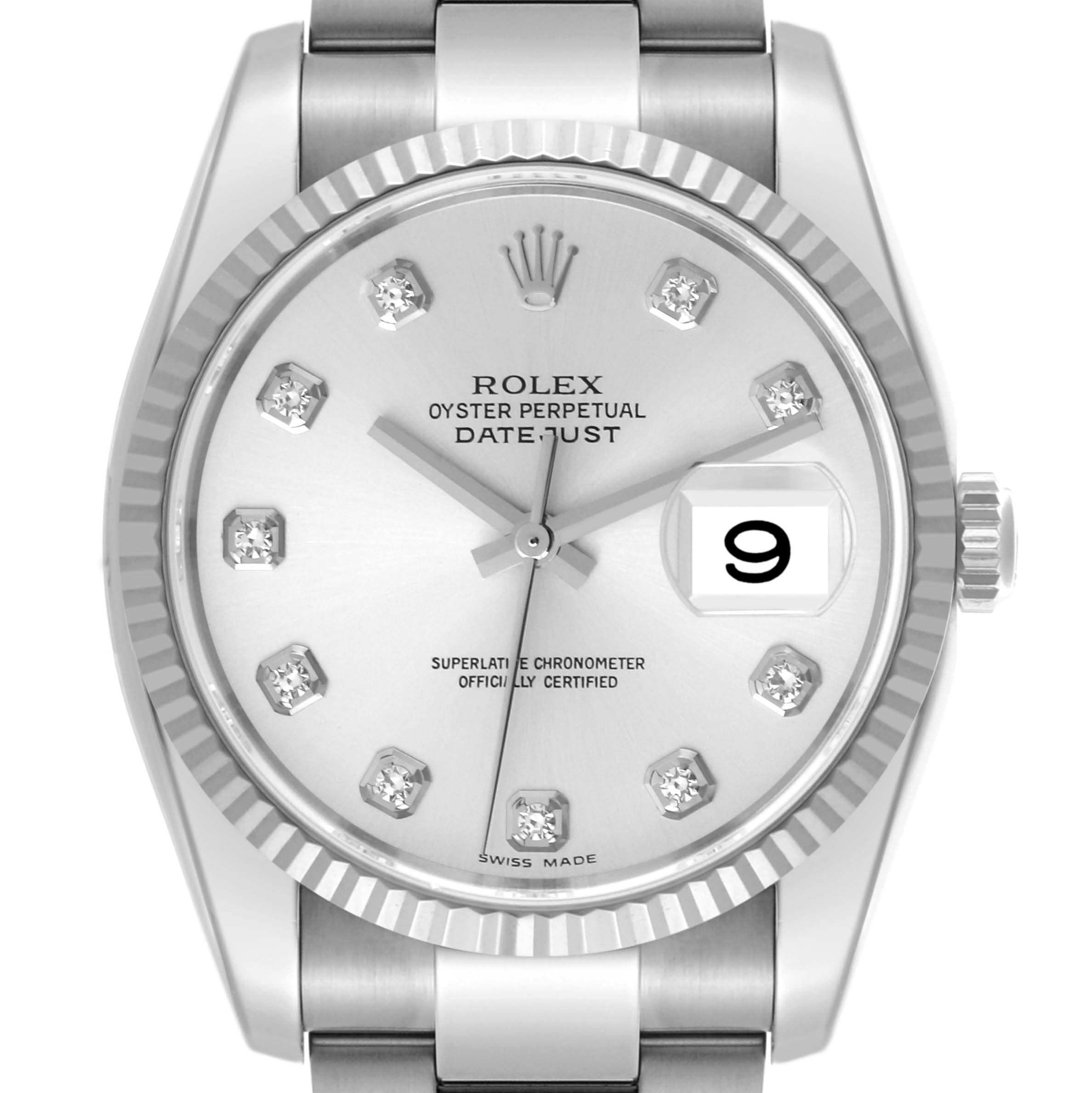 The image shows a front view of the Rolex Datejust 116234 Men's Stainless Steel Silver Dial 116234 Men's Stainless Steel Silver Dial watch, highlighting its dial, bezel, crown, and bracelet links.