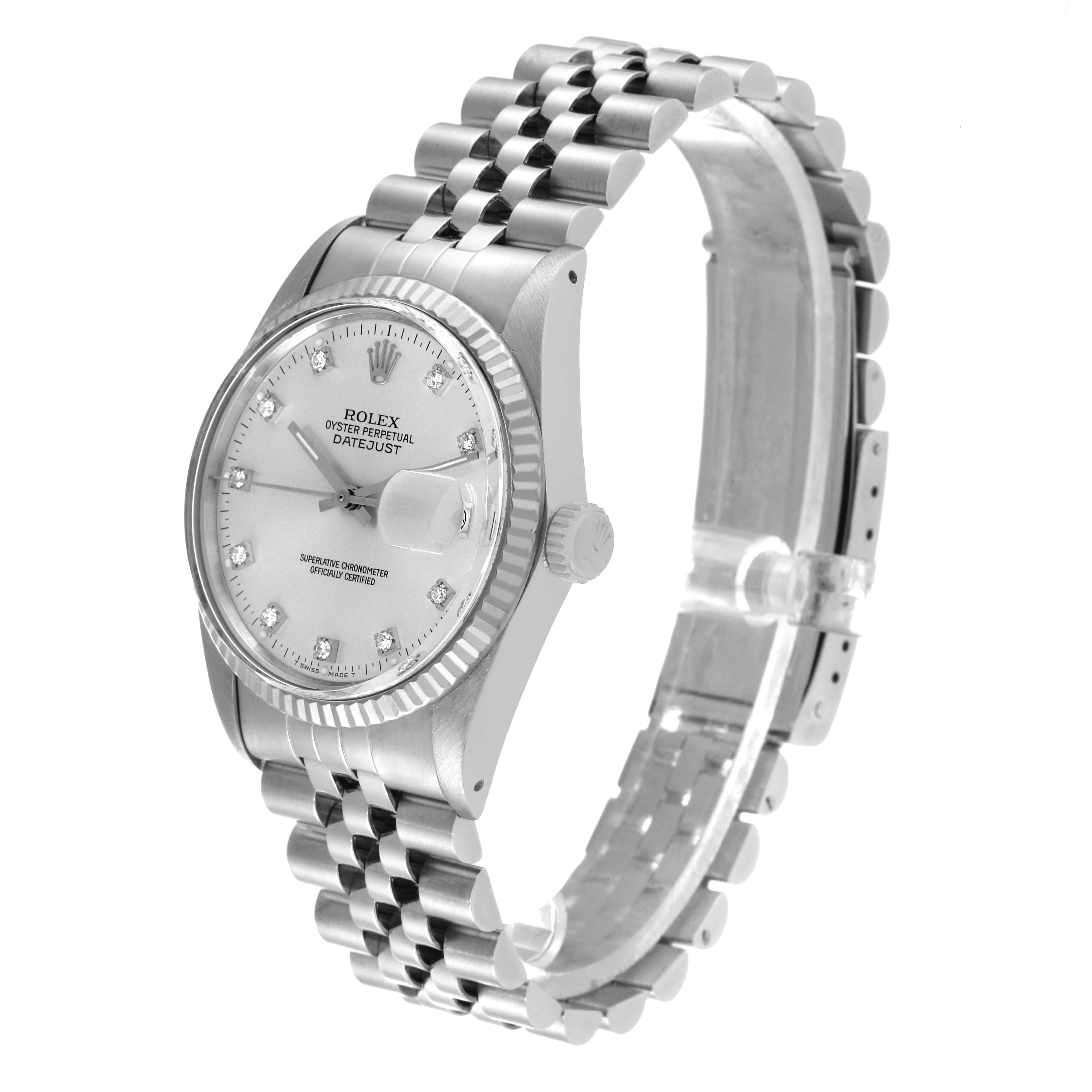 The image shows a side angle of a Rolex Vintage Collection 16014 Men
s Stainless Steel Silver Dial 16014 Men
s Stainless Steel Silver Dial Oyster Perpetual Datejust watch, featuring its bracelet and dial.