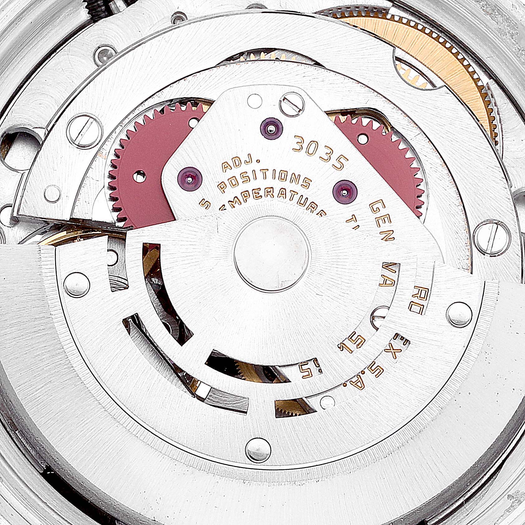 This image shows the intricate internal mechanism of a Rolex Vintage Collection 16014 Men
s Stainless Steel Silver Dial 16014 Men
s Stainless Steel Silver Dial model, focusing on its movement components.