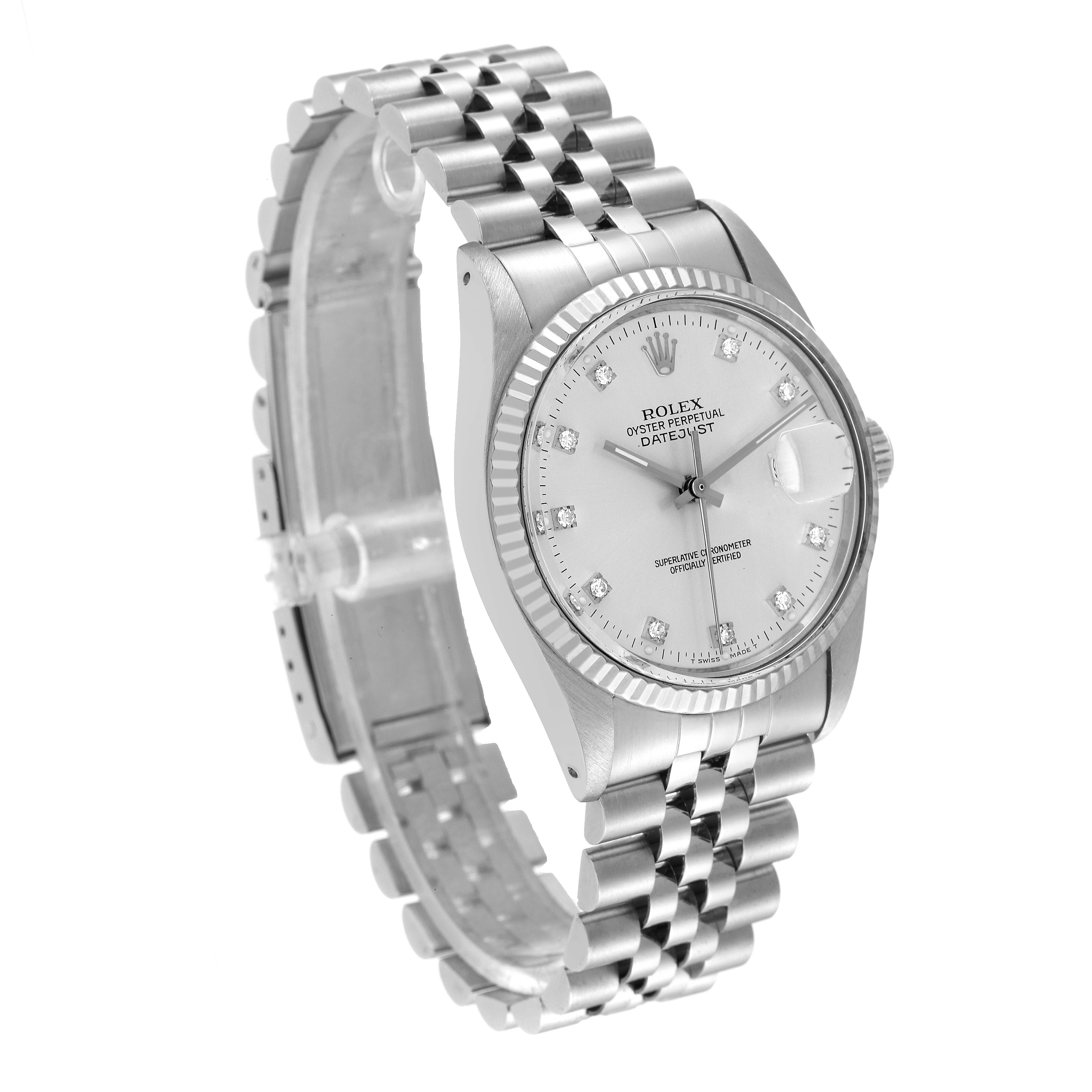 The image shows a Rolex Vintage Collection 16014 Men
s Stainless Steel Silver Dial 16014 Men
s Stainless Steel Silver Dial watch at a slight angle, highlighting the face, bezel, and bracelet.