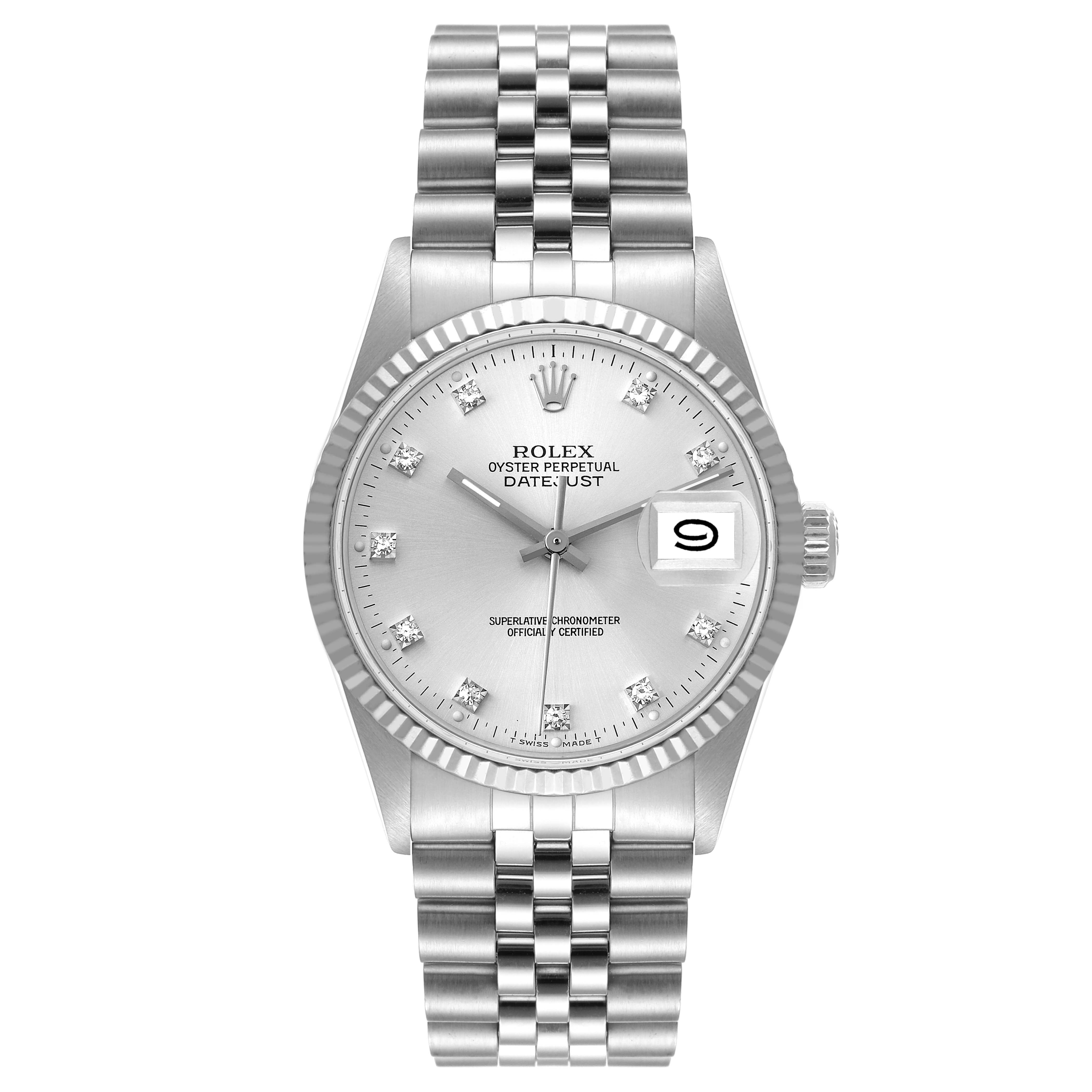 The image shows a Rolex Vintage Collection 16014 Men
s Stainless Steel Silver Dial 16014 Men
s Stainless Steel Silver Dial Datejust watch from a straight-on angle, highlighting the dial, hands, bezel, and bracelet.