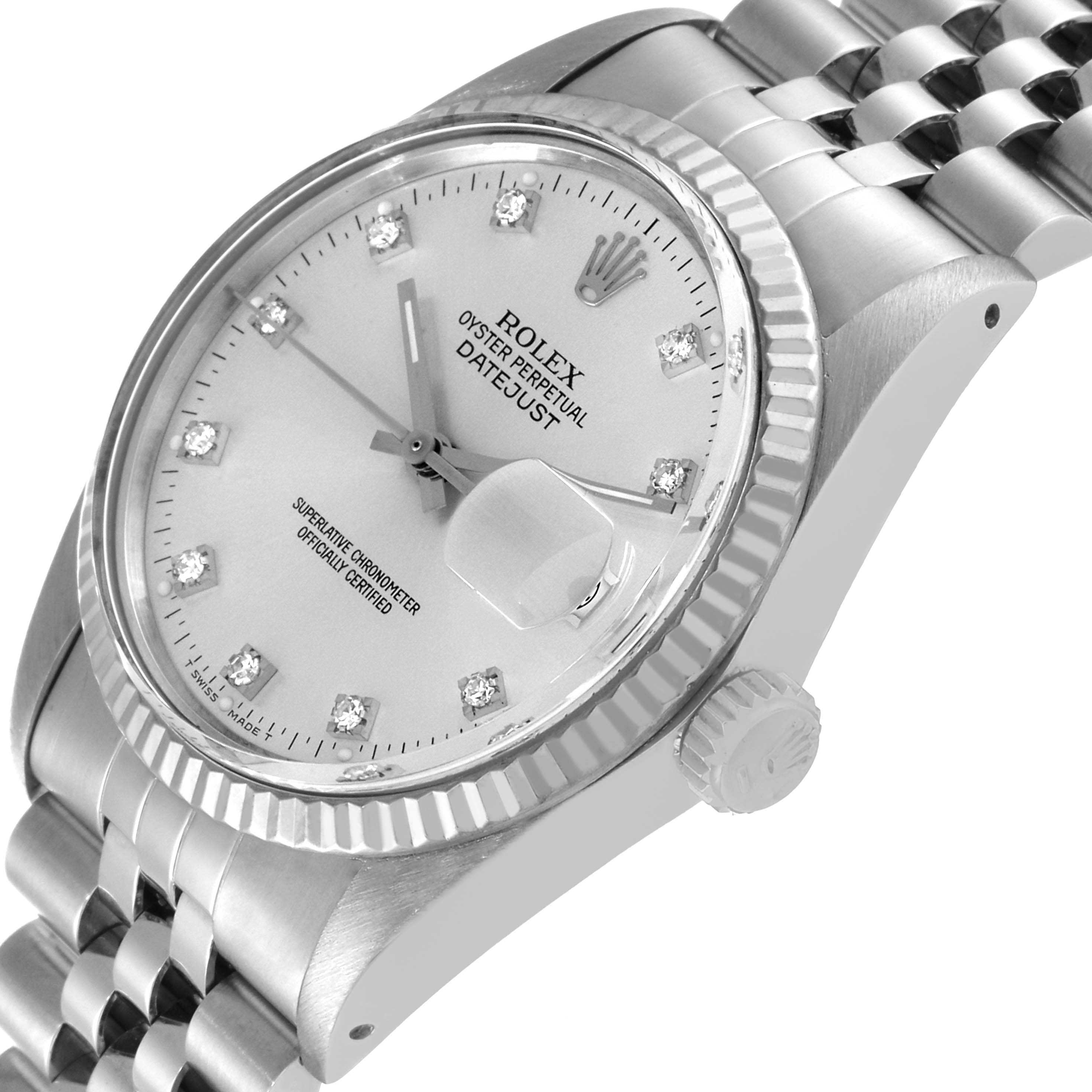 The Rolex Vintage Collection 16014 Men
s Stainless Steel Silver Dial 16014 Men
s Stainless Steel Silver Dial watch is shown at an angle highlighting the face, bezel, crown, and part of the bracelet.