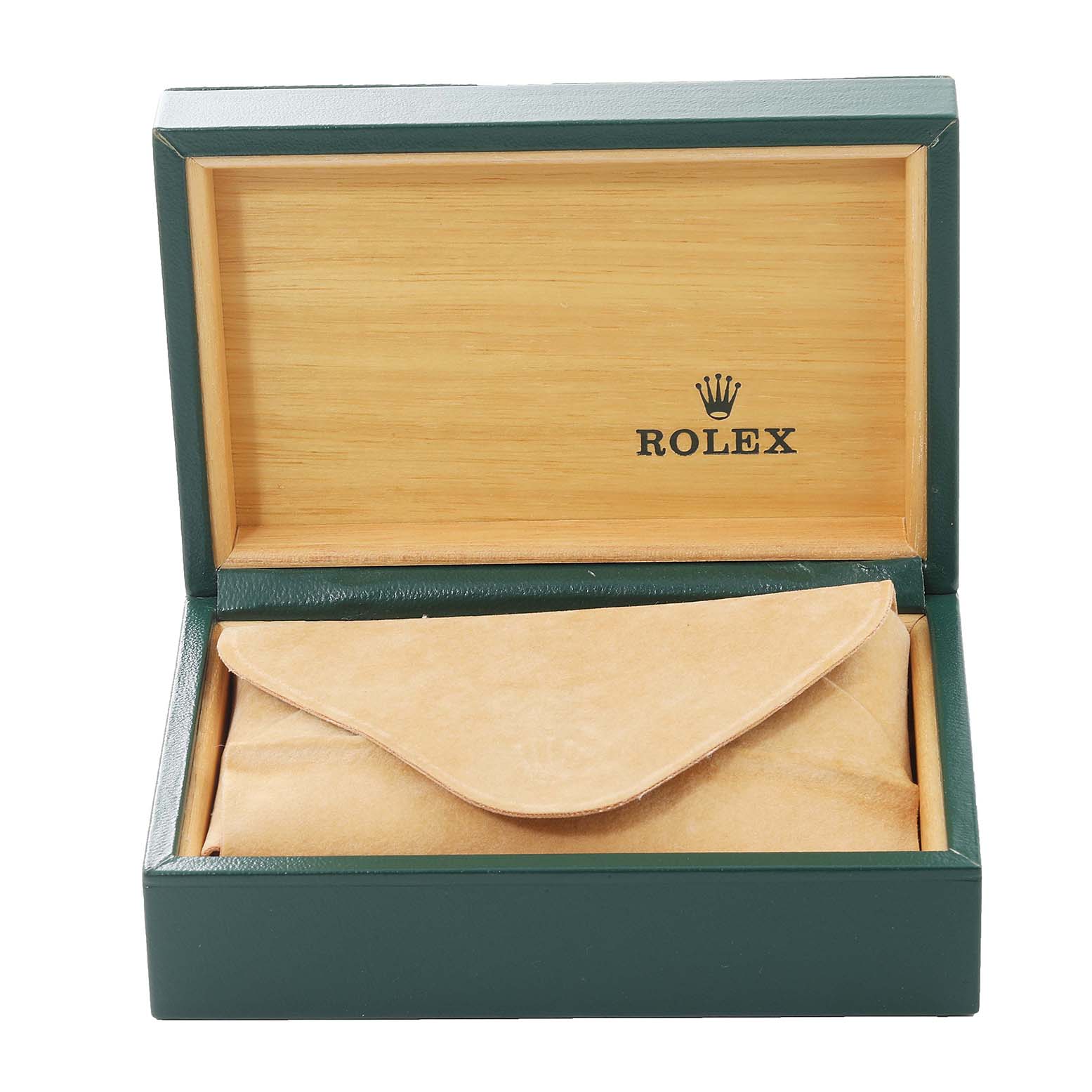 The image shows an open Rolex Vintage Collection 16014 Men
s Stainless Steel Silver Dial 16014 Men
s Stainless Steel Silver Dial watch box with a leather pouch inside.