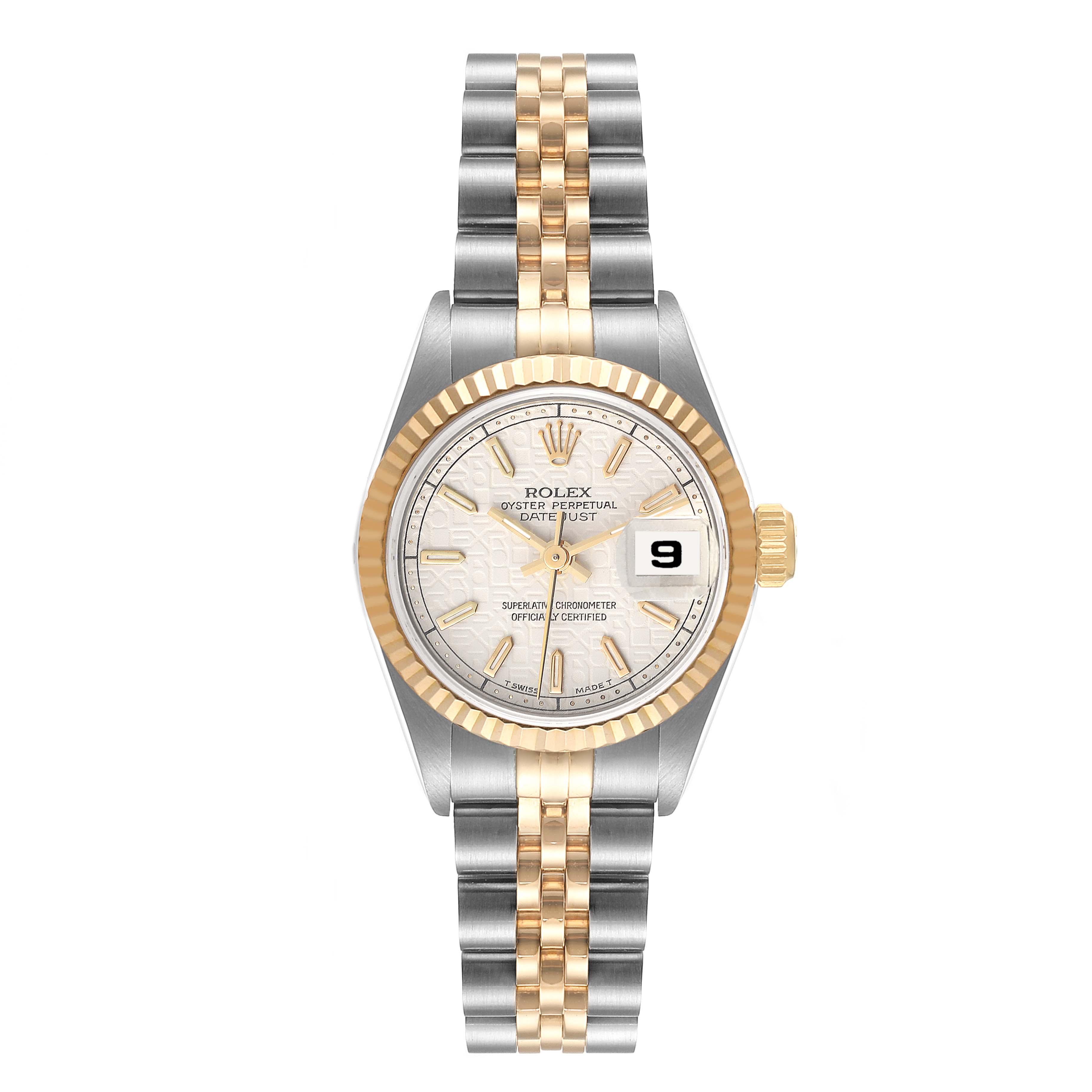 The image shows a front view of a Rolex Datejust 69173 Women's Steel and Gold (two tone) Beige Dial 69173 Women's Steel and Gold (two tone) Beige Dial watch, featuring a jubilee bracelet and a date display at the 3 o'clock position.